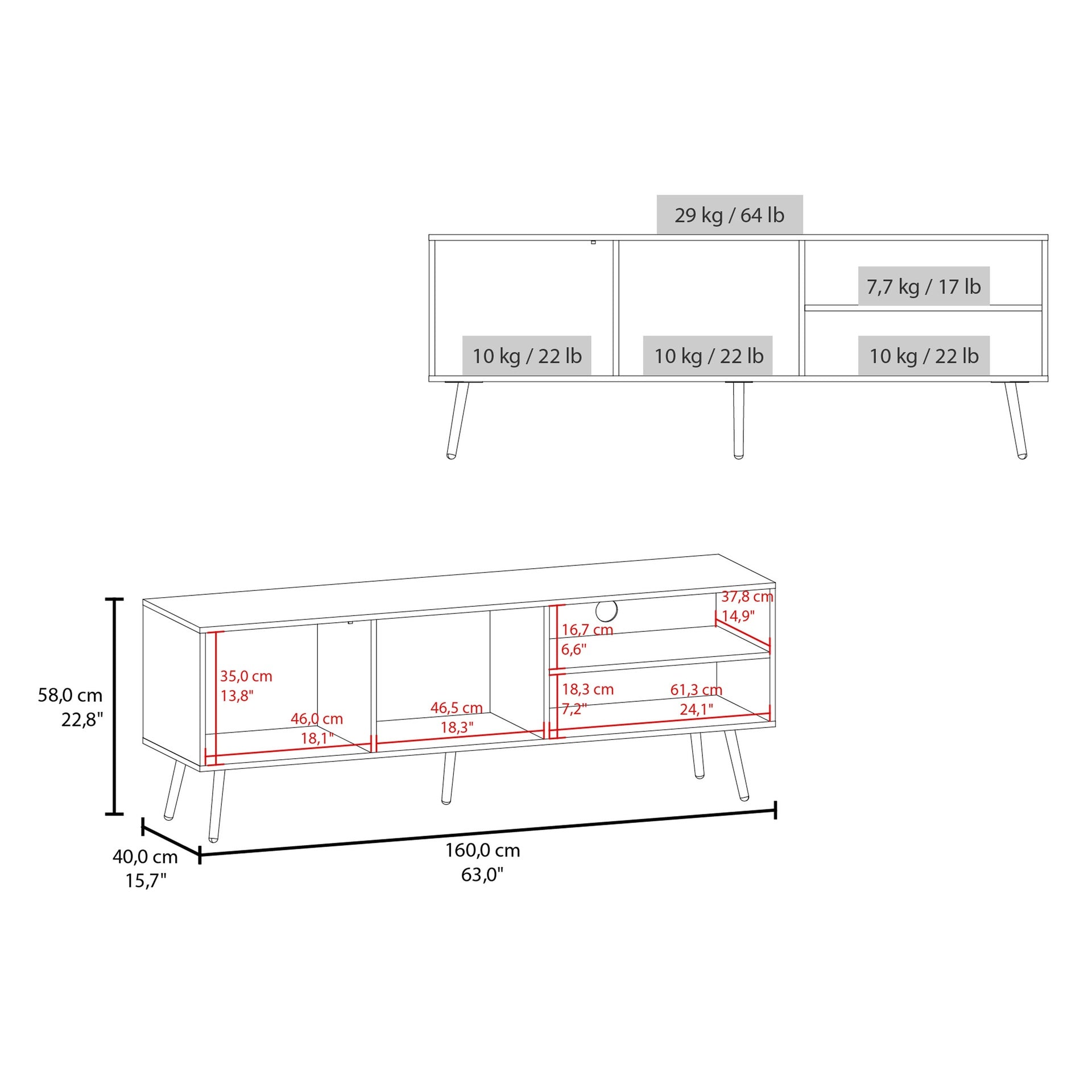 Vulcan 63" Wide Tv Stand with One Cabinet, Three Open Shelves, Cable Management, Living Room, Tv Room White