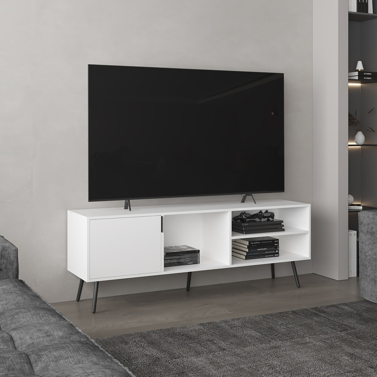 Vulcan 63" Wide Tv Stand with One Cabinet, Three Open Shelves, Cable Management, Living Room, Tv Room White