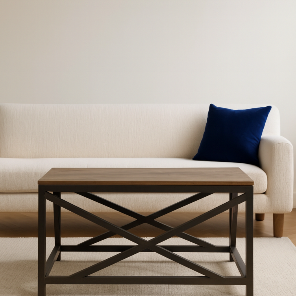 Industrial Cross Metal Coffee Table, Brown and Black