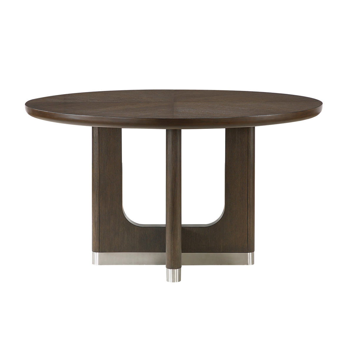 Modern Brown Finish Dining Set 5pcs Round Table and 4x Side Chairs Beige Upholstered Comfort Durable Metallic Accent Base Table Wooden Furniture