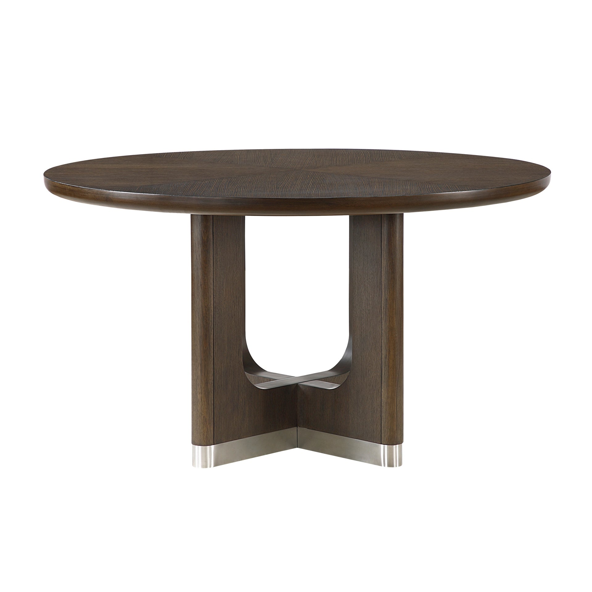 Modern Brown Finish Dining Set 5pcs Round Table and 4x Side Chairs Beige Upholstered Comfort Durable Metallic Accent Base Table Wooden Furniture