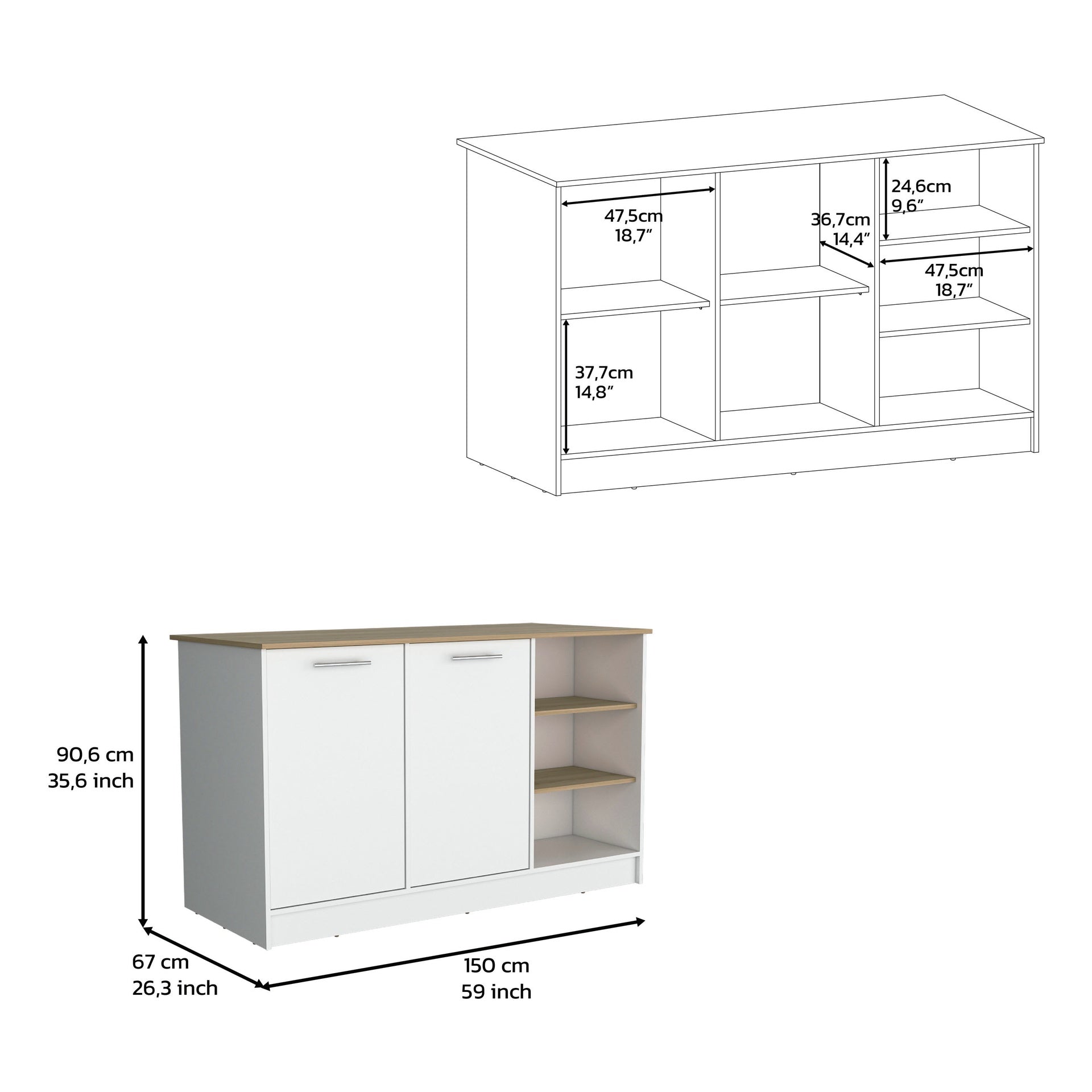 Kitchen Island Two Cabinets, Three Open Shelves, White / Natural Oak