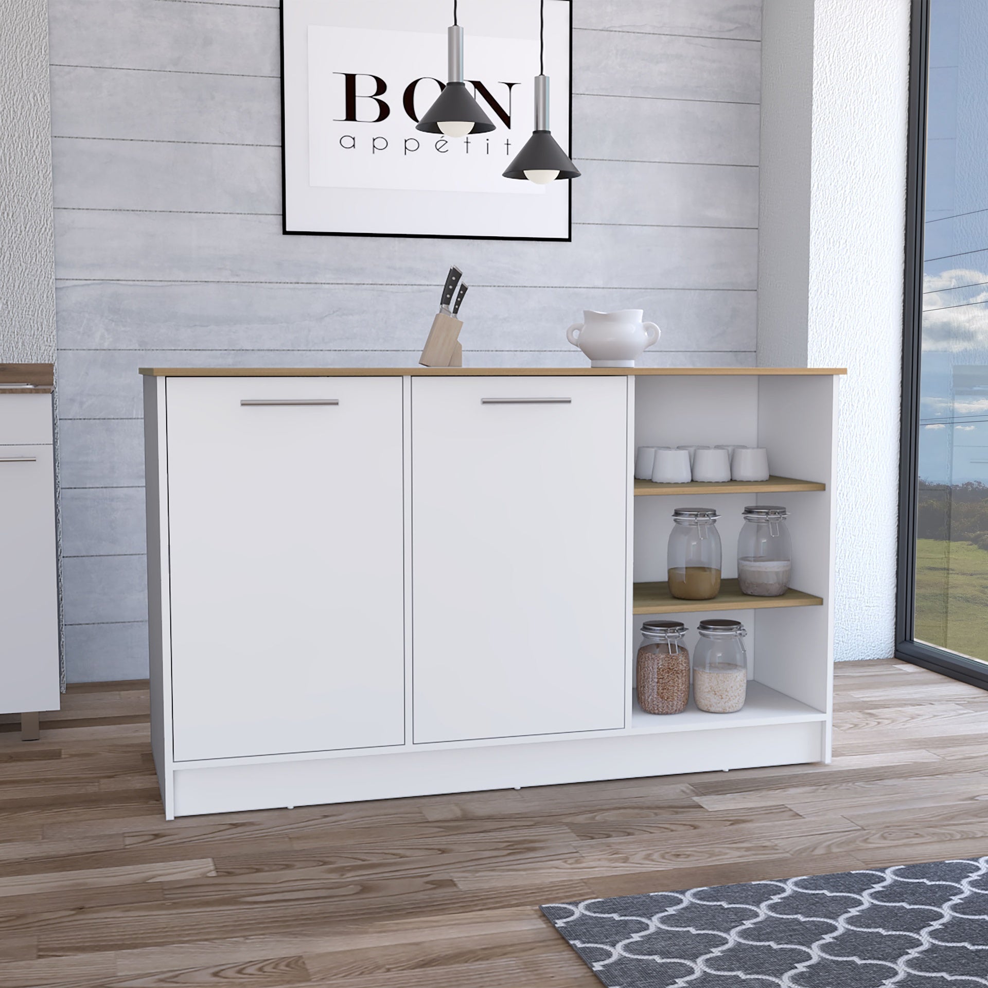 Kitchen Island Two Cabinets, Three Open Shelves, White / Natural Oak