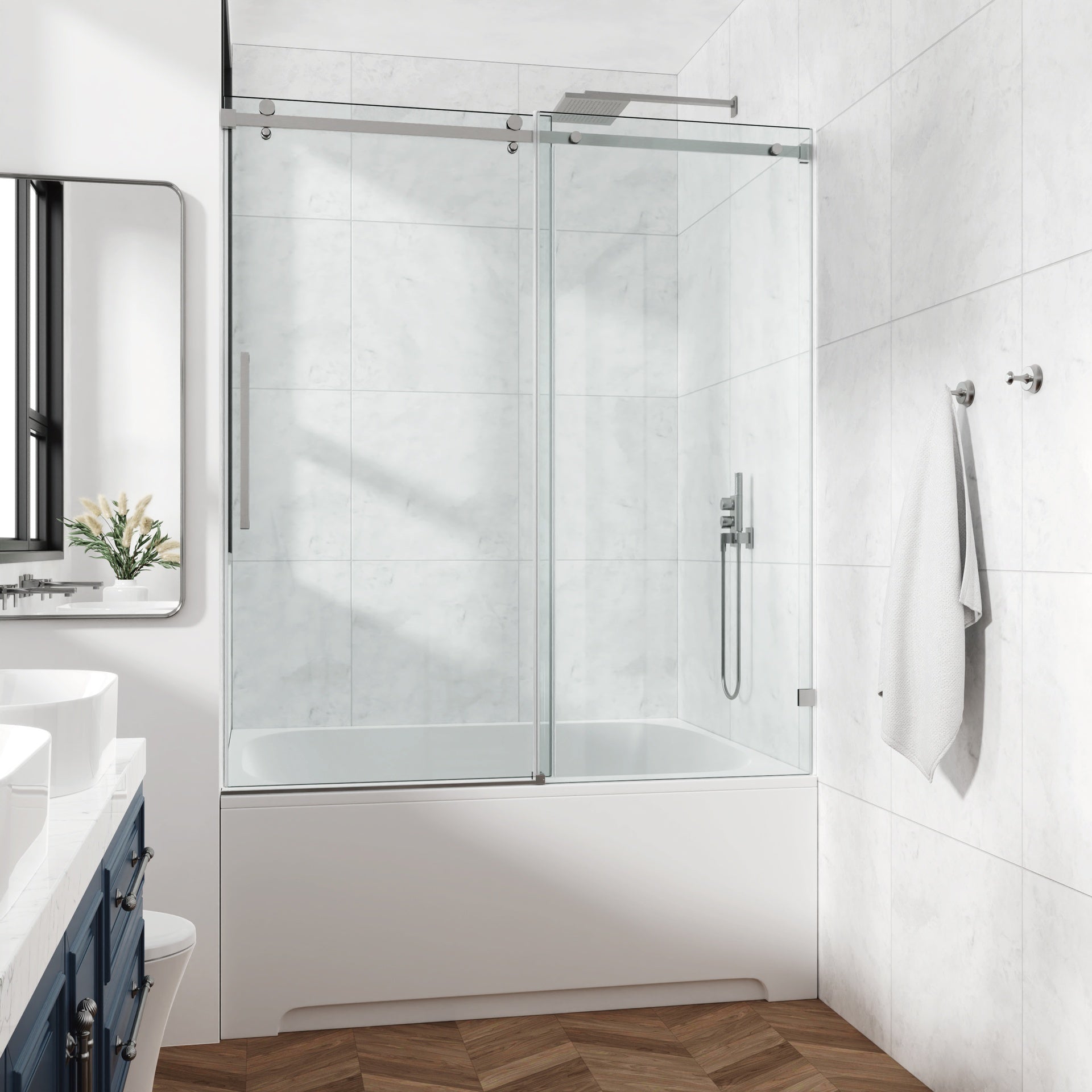 72*76"Fixed & Sliding Shower Door, Square Tube Hardware, Clear Glass Shower Door, 3/8″ (10mm) SGCC Tempered Glass, Stainless Steel