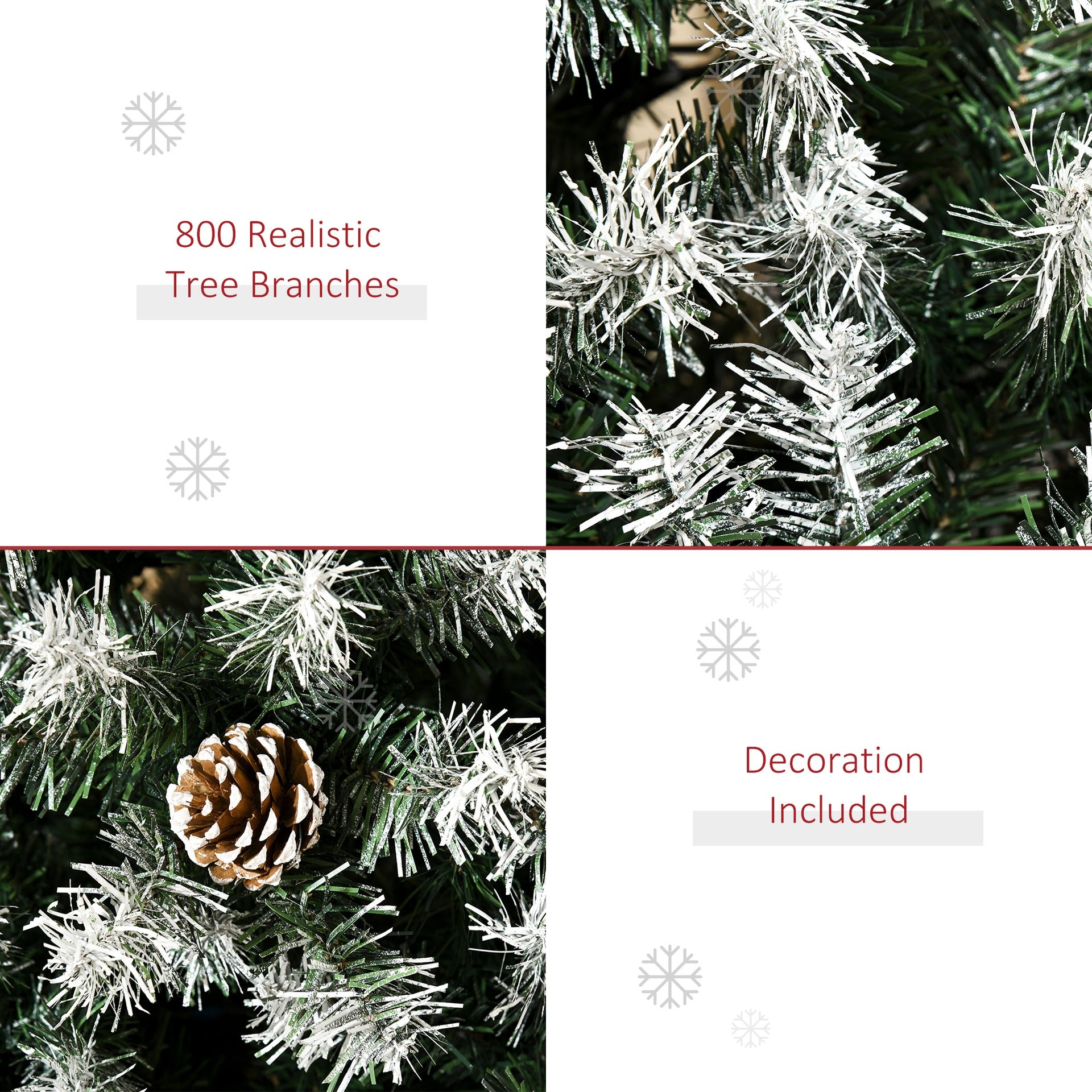 HOMCOM 6ft Unlit Snow-Dusted Full Fir Artificial Christmas Tree with Realistic Branches, 61 Pine Cones and 800 Tips
