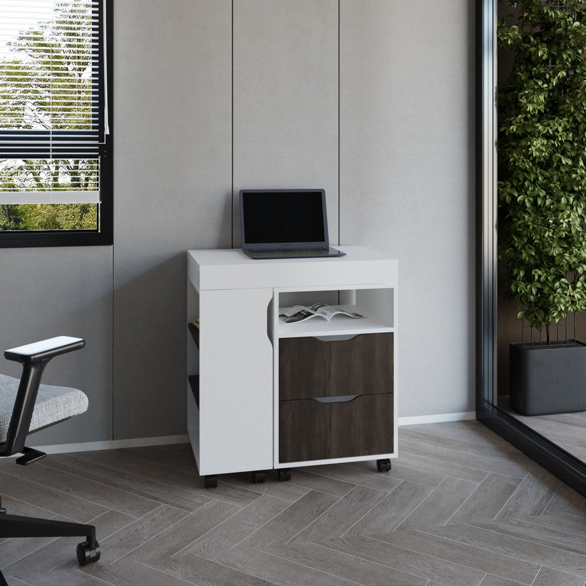 Extendable Desk, 2 Drawers, 4 Shelves, 4 Wheels