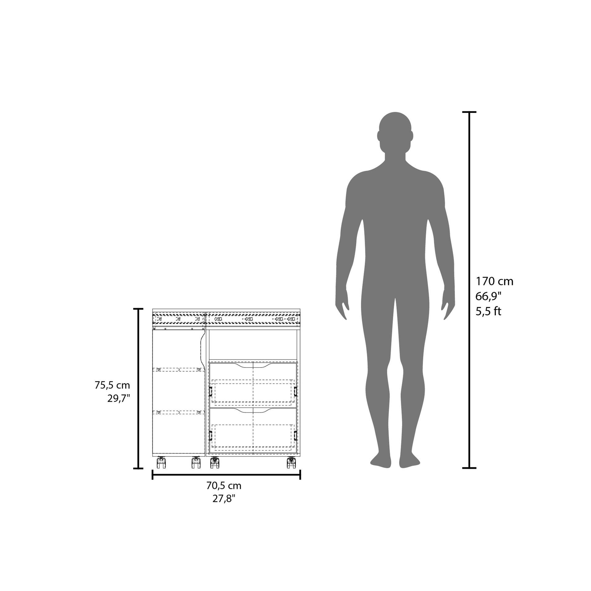 Extendable Desk, 2 Drawers, 4 Shelves, 4 Wheels