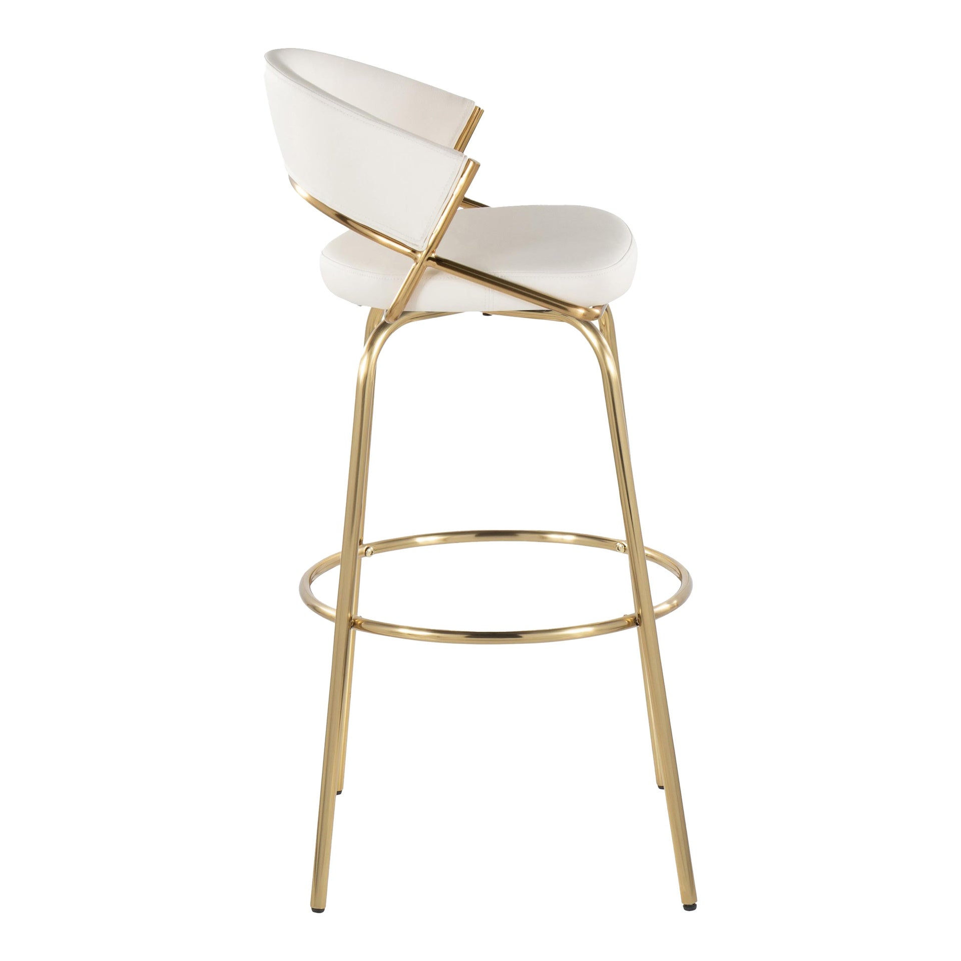Jie 30" Fixed-Height Contemporary Barstool with Swivel in Gold Metal and White Faux Leather with Round Metal Footrest by LumiSource - Set of 2