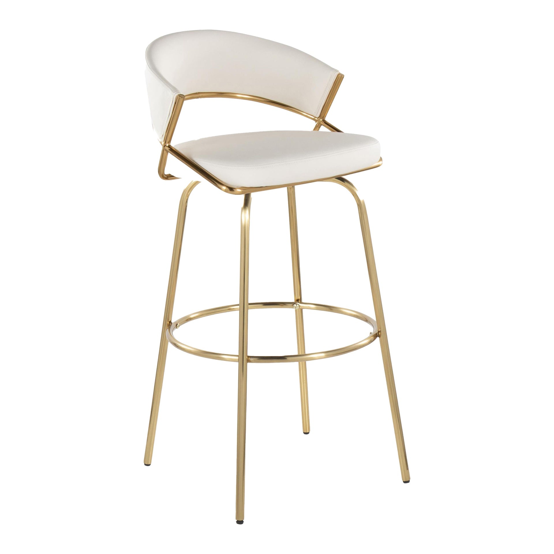 Jie 30" Fixed-Height Contemporary Barstool with Swivel in Gold Metal and White Faux Leather with Round Metal Footrest by LumiSource - Set of 2