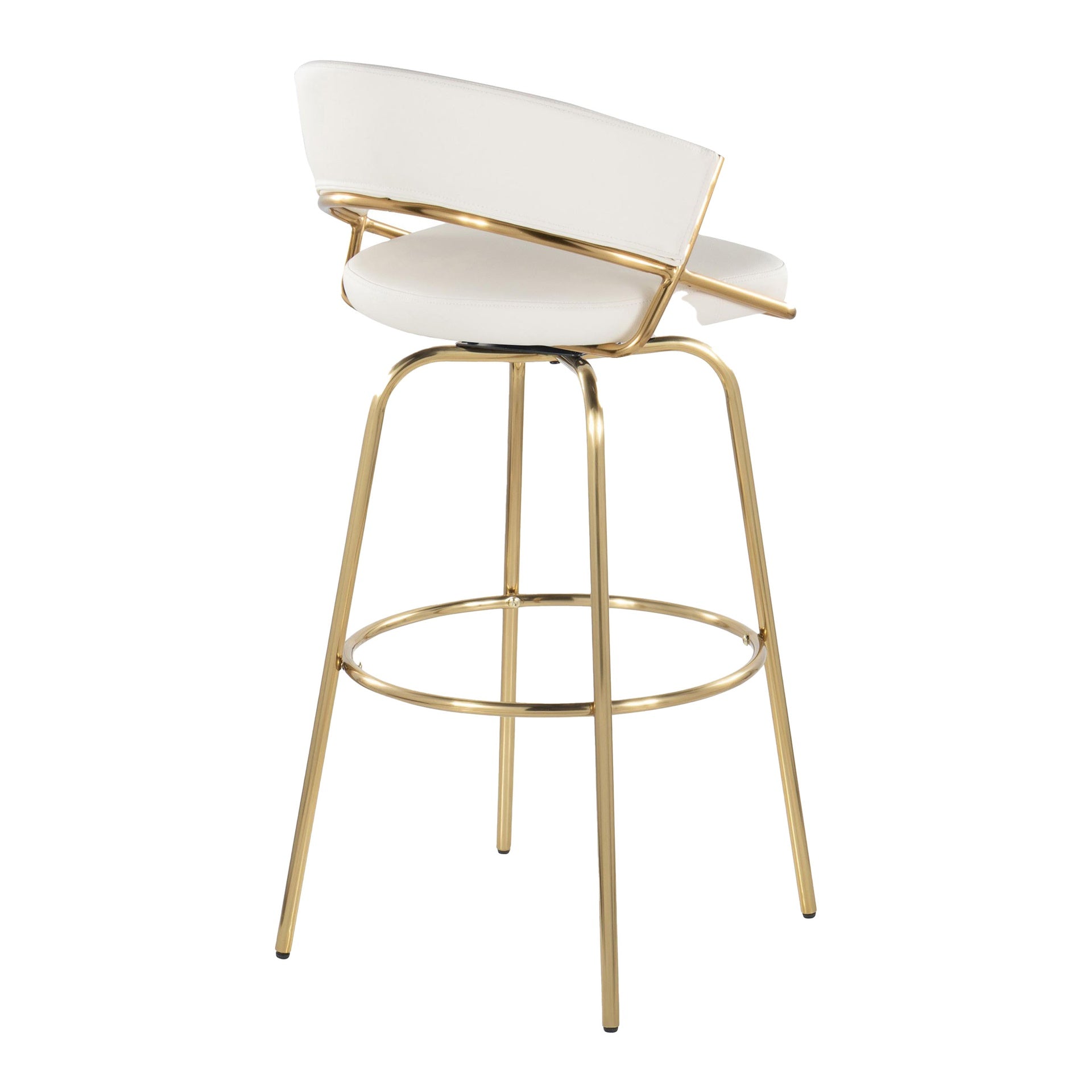 Jie 30" Fixed-Height Contemporary Barstool with Swivel in Gold Metal and White Faux Leather with Round Metal Footrest by LumiSource - Set of 2