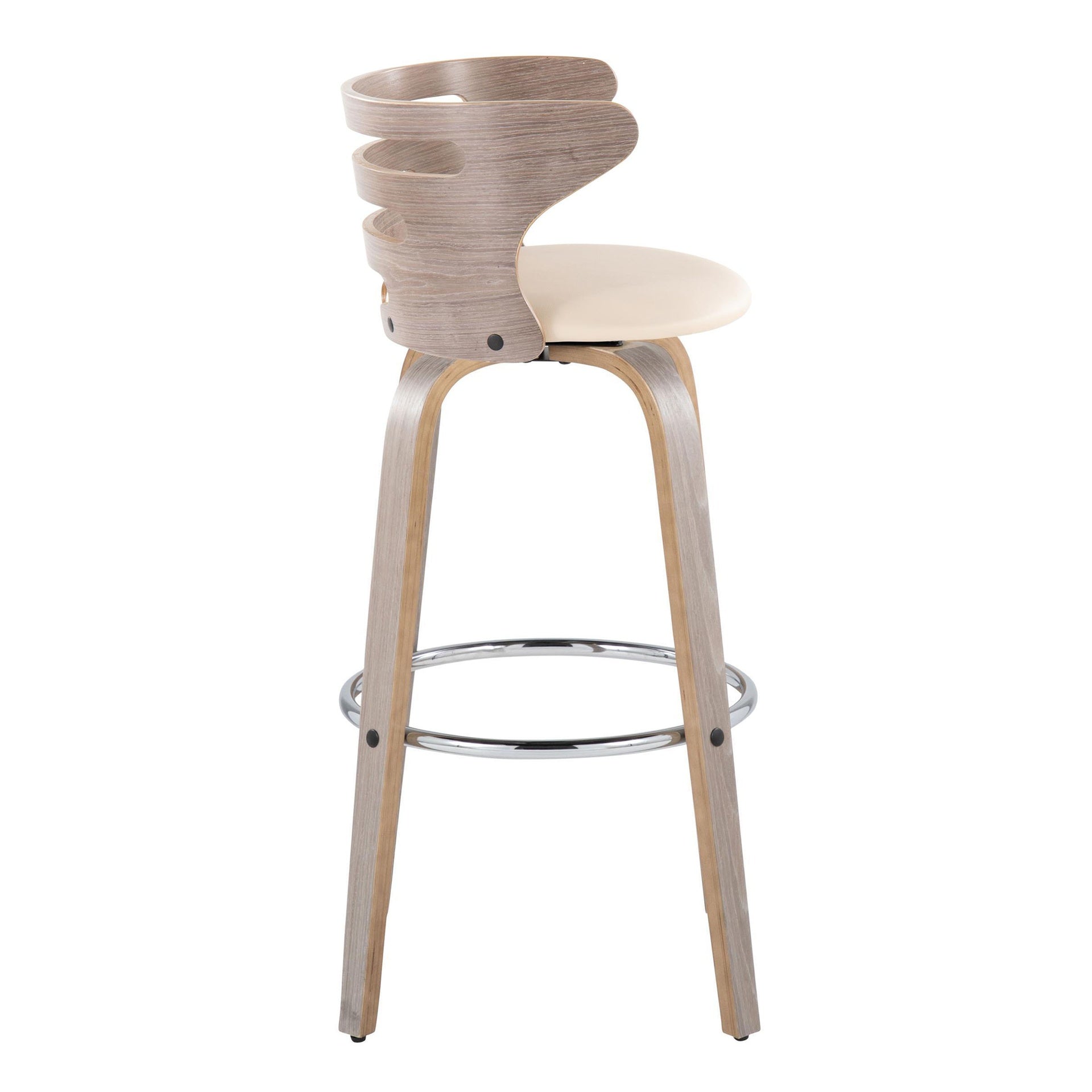 Cosini 30" Mid-Century Modern Fixed-Height Barstool with Swivel in Light Grey Wood and Cream Faux Leather with Round Chrome Metal Footrest by LumiSource - Set of 2