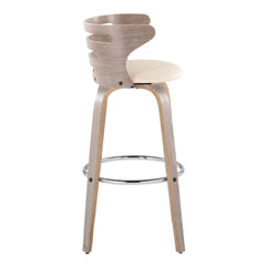 Cosini 30" Mid-Century Modern Fixed-Height Barstool with Swivel in Light Grey Wood and Cream Faux Leather with Round Chrome Metal Footrest by LumiSource - Set of 2