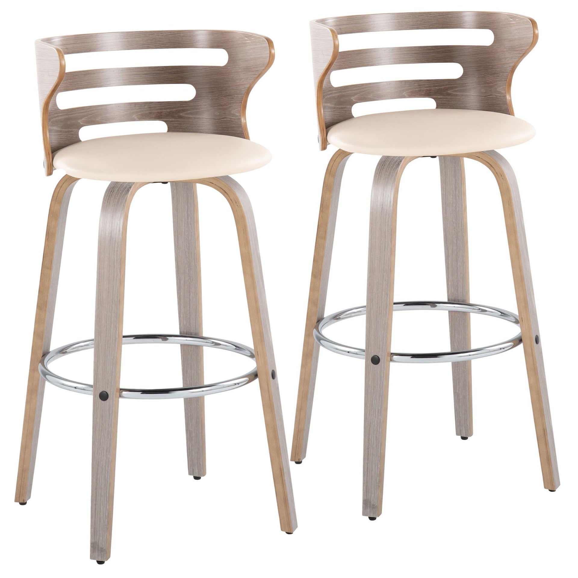 Cosini 30" Mid-Century Modern Fixed-Height Barstool with Swivel in Light Grey Wood and Cream Faux Leather with Round Chrome Metal Footrest by LumiSource - Set of 2