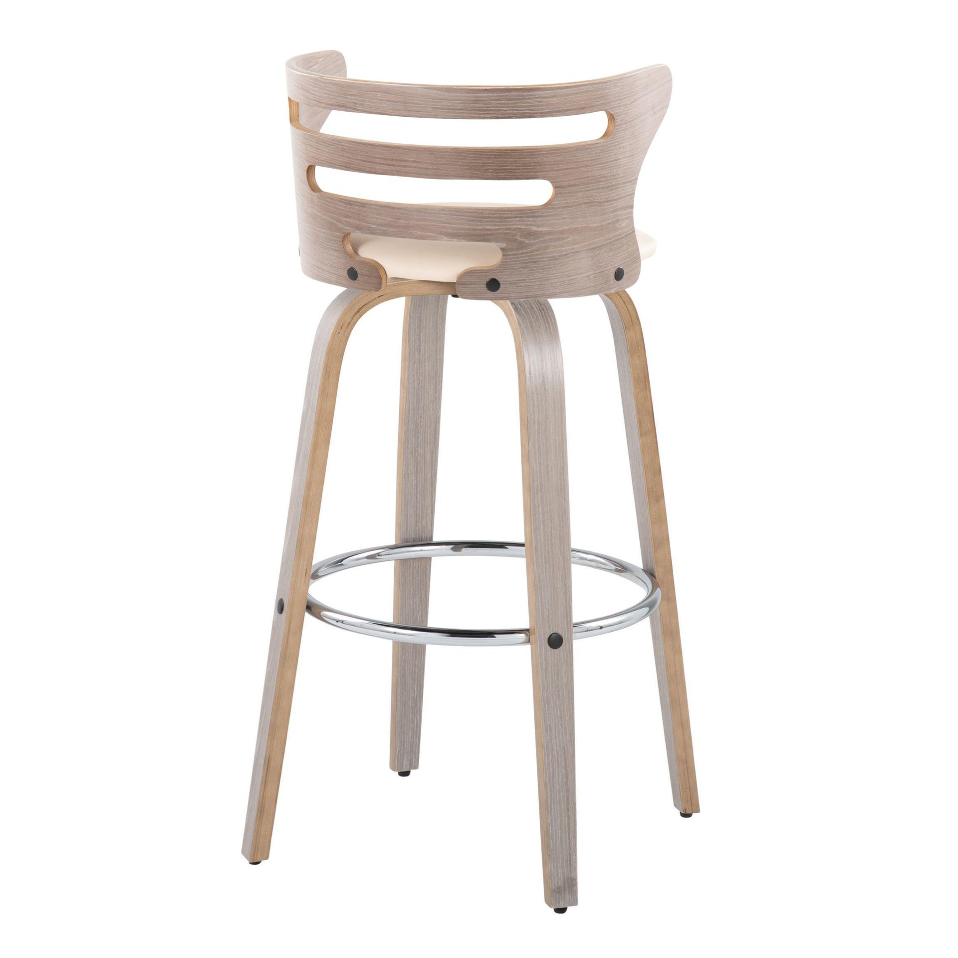 Cosini 30" Mid-Century Modern Fixed-Height Barstool with Swivel in Light Grey Wood and Cream Faux Leather with Round Chrome Metal Footrest by LumiSource - Set of 2