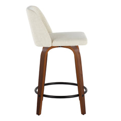 Toriano 24" Mid-Century Modern Fixed-Height Counter Stool with Swivel in Walnut Wood and Cream Fabric with Round Black Metal Footrest by LumiSource - Set of 2