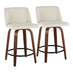 Toriano 24" Mid-Century Modern Fixed-Height Counter Stool with Swivel in Walnut Wood and Cream Fabric with Round Black Metal Footrest by LumiSource - Set of 2