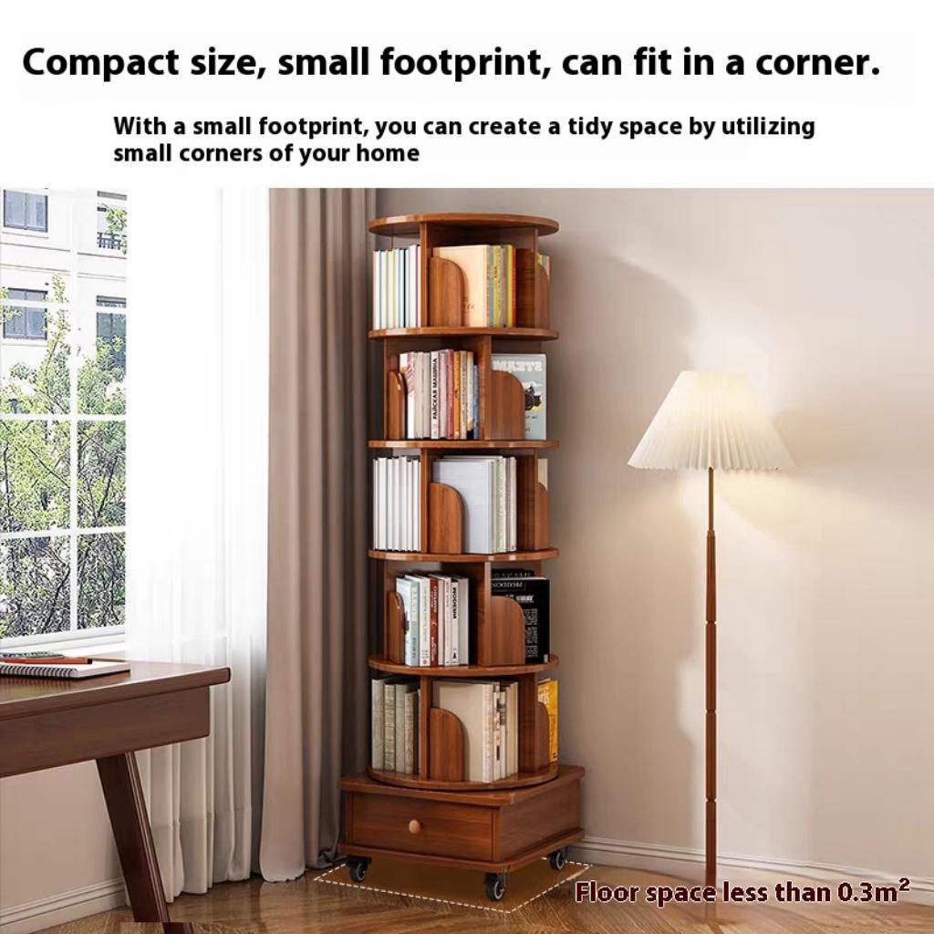 (UPGRADED) Rotating Bookshelf, 360 Display Corner Bookshelf for Small Space, 6 Tier Bookcase Storage Rack with Wheels, Wood Narrow Organizer for Bedroom, Living Room, Study Room, Walnut Brown ( Xmas )