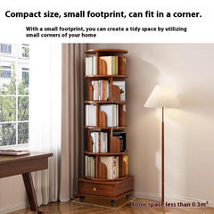 (UPGRADED) Rotating Bookshelf, 360 Display Corner Bookshelf for Small Space, 6 Tier Bookcase Storage Rack with Wheels, Wood Narrow Organizer for Bedroom, Living Room, Study Room, Walnut Brown ( Xmas )