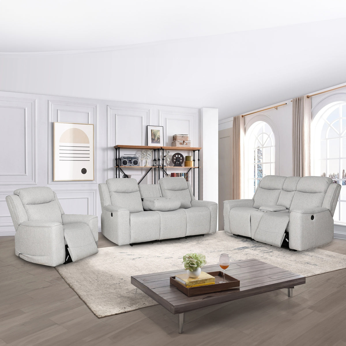 Contemporary 3-Piece Upholstered Living Room Set with a Recliner Chair, Dropdown Console Sofa and Loveseat with Storage Console and Cup Holders, White