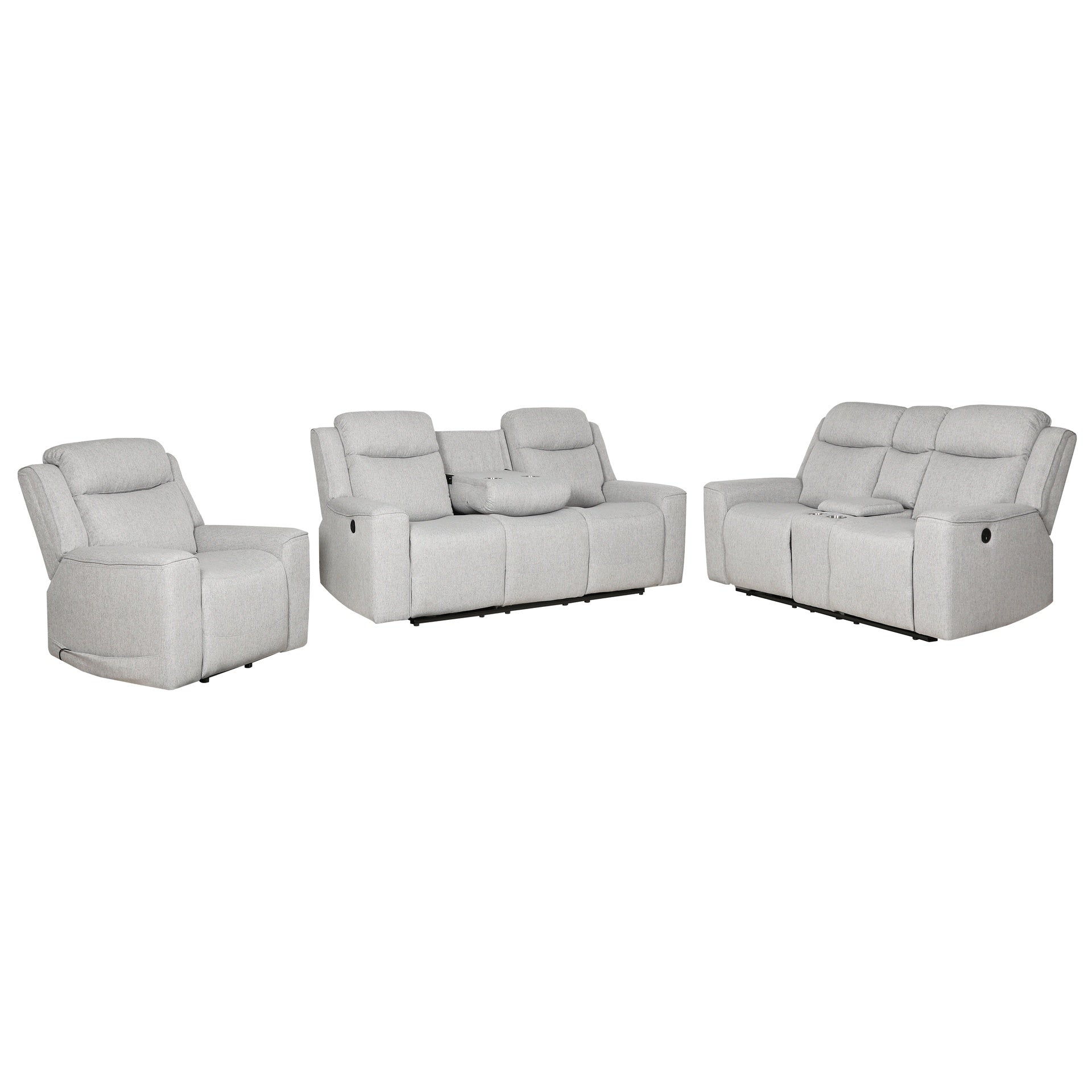 Contemporary 3-Piece Upholstered Living Room Set with a Recliner Chair, Dropdown Console Sofa and Loveseat with Storage Console and Cup Holders, White