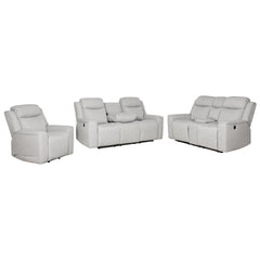 Contemporary 3-Piece Upholstered Living Room Set with a Recliner Chair, Dropdown Console Sofa and Loveseat with Storage Console and Cup Holders, White