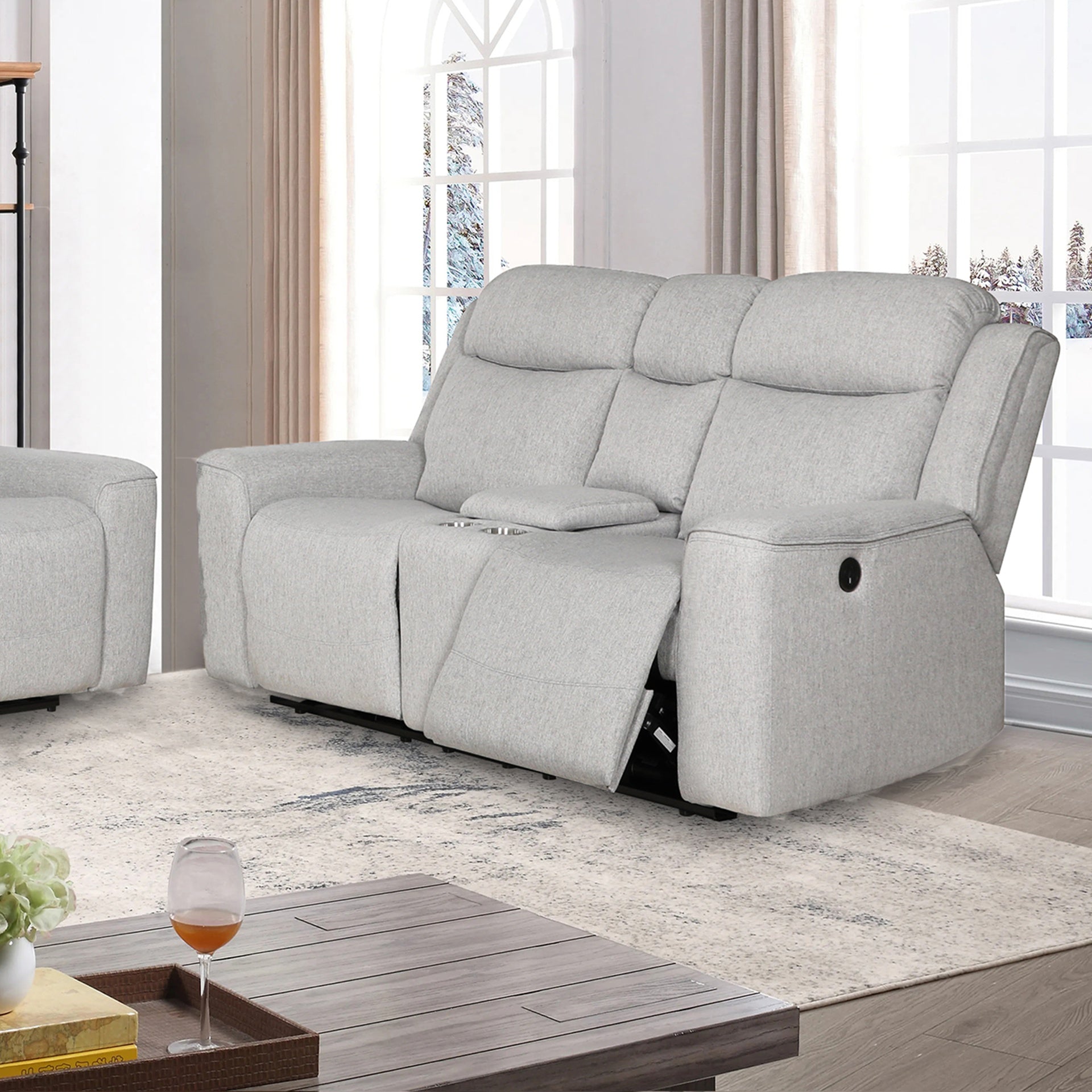 Contemporary Upholstered Recliner Loveseat with Console and Cup Holders,Easily Fits Various Home Decoration Styles, White