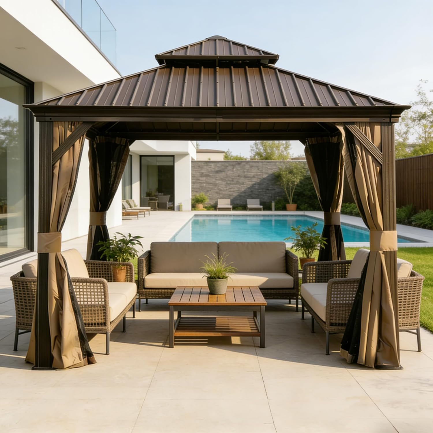13x13FT Outdoor Gazebo, Hardtop Gazebo with Galvanized Steel Double Roof, Metal Gazebos with Drainage System Patio Pergola for Patio Deck Backyard,Curtain and Netting,Brown