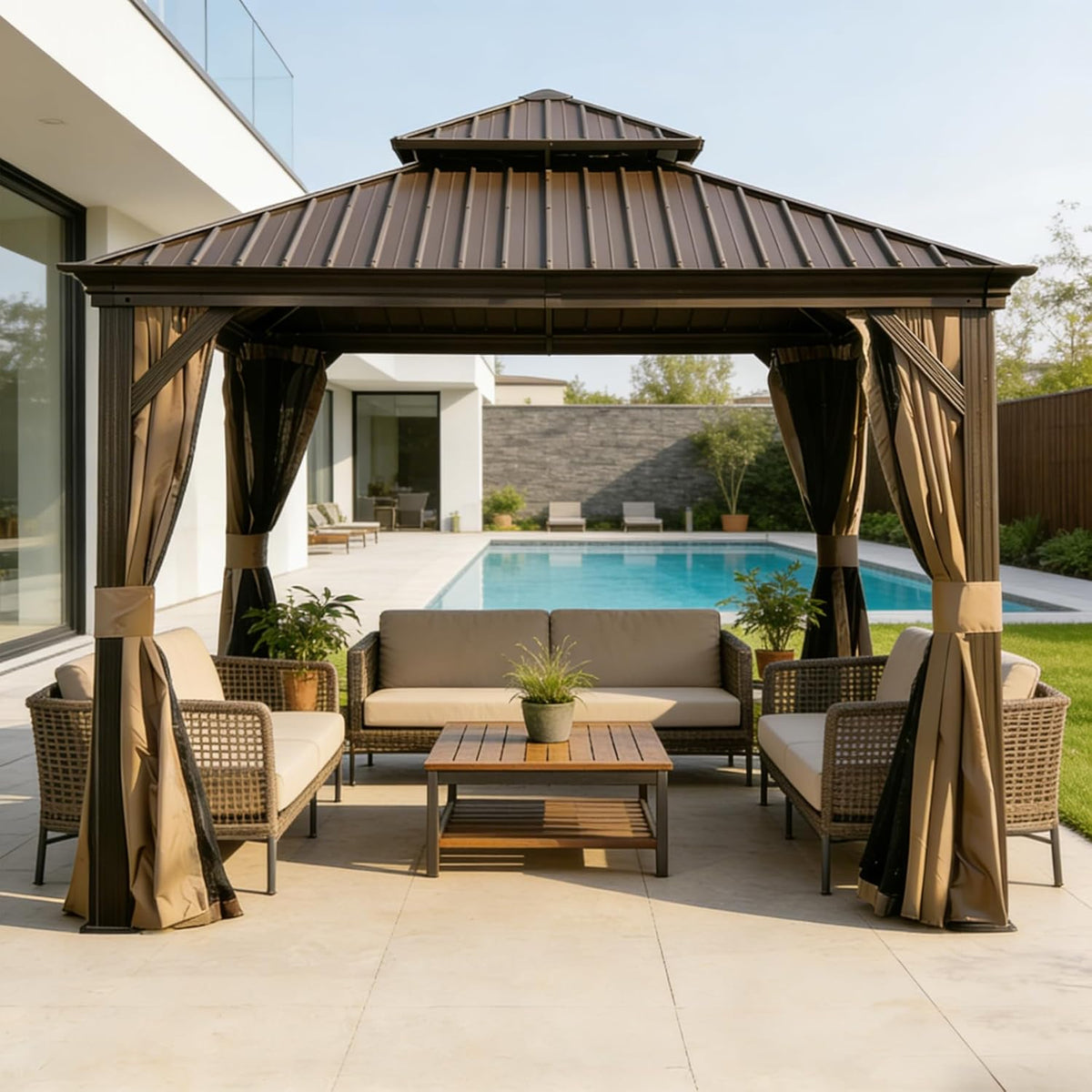 13x13FT Outdoor Gazebo, Hardtop Gazebo with Galvanized Steel Double Roof, Metal Gazebos with Drainage System Patio Pergola for Patio Deck Backyard,Curtain and Netting,Brown
