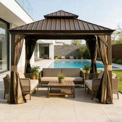 13x13FT Outdoor Gazebo, Hardtop Gazebo with Galvanized Steel Double Roof, Metal Gazebos with Drainage System Patio Pergola for Patio Deck Backyard,Curtain and Netting,Brown