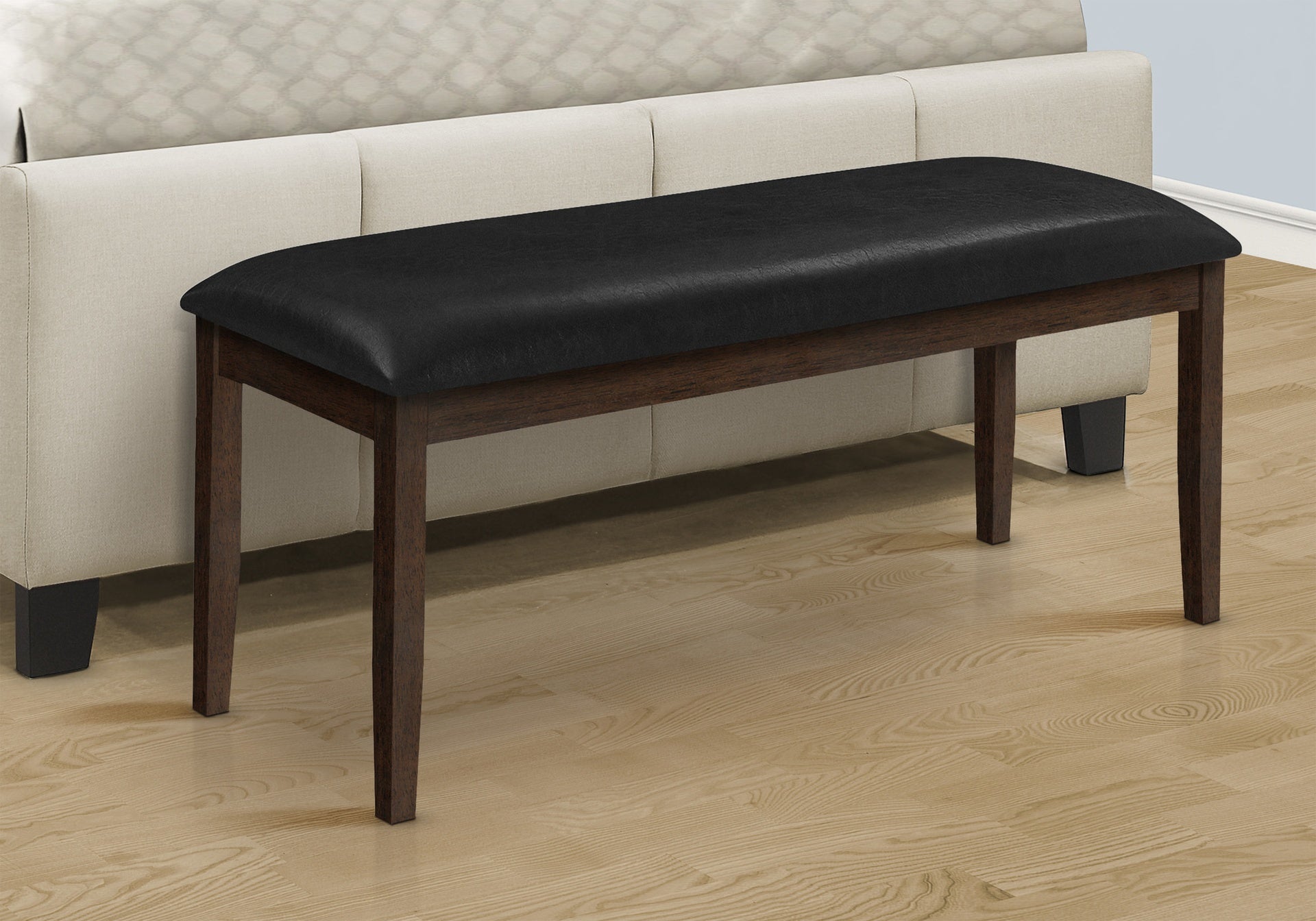 Bench, 48" Rectangular, Dining Room, Hallway, Entryway, Upholstered, Wood, Brown Solid Wood, Black Leather-look, Transitional
