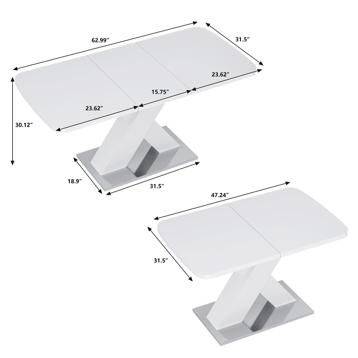Modern Rectangle Dining Table, Stretchable, White Table Top+MDF X-Shape Table Leg with Metal Base