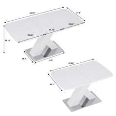 Modern Rectangle Dining Table, Stretchable, White Table Top+MDF X-Shape Table Leg with Metal Base