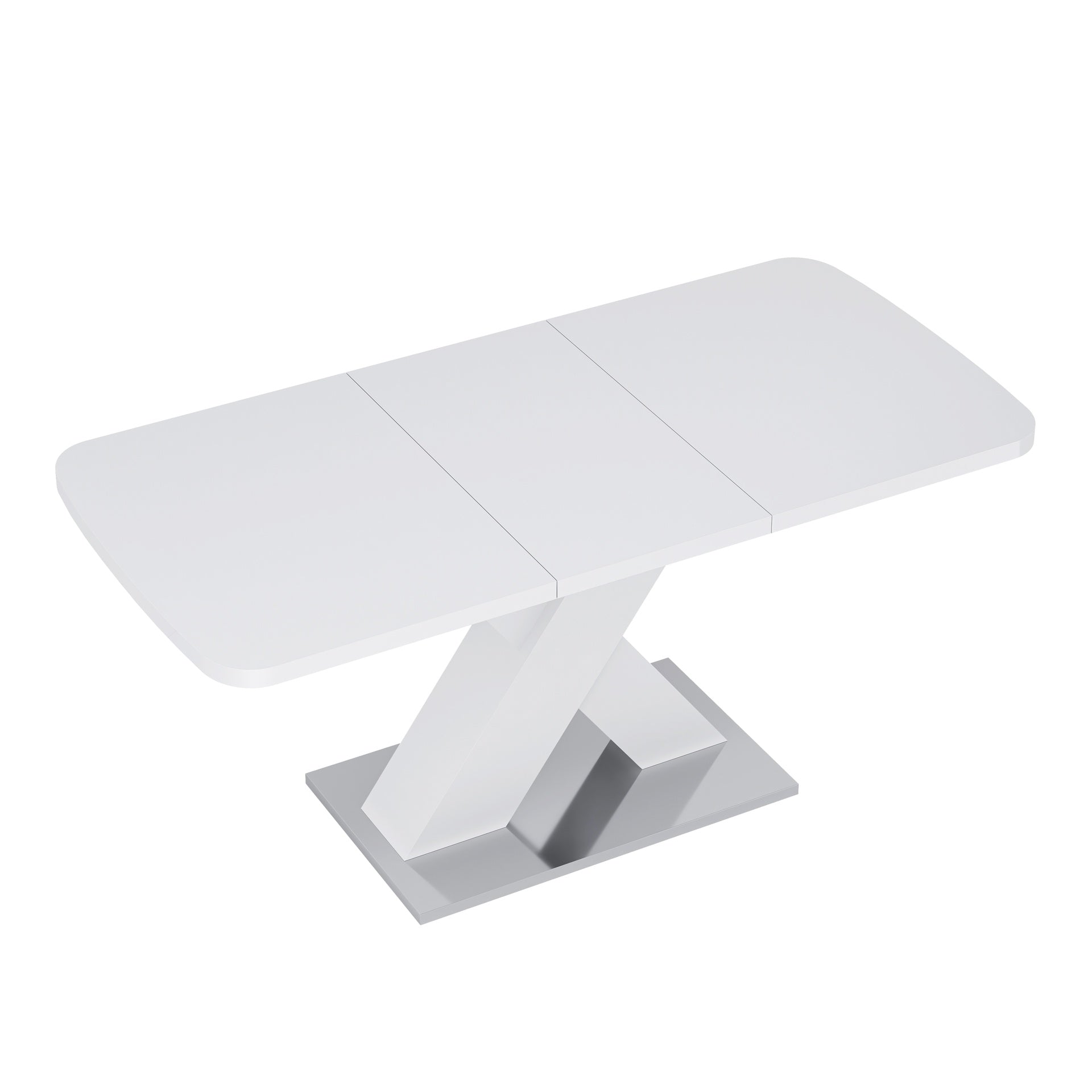 Modern Rectangle Dining Table, Stretchable, White Table Top+MDF X-Shape Table Leg with Metal Base