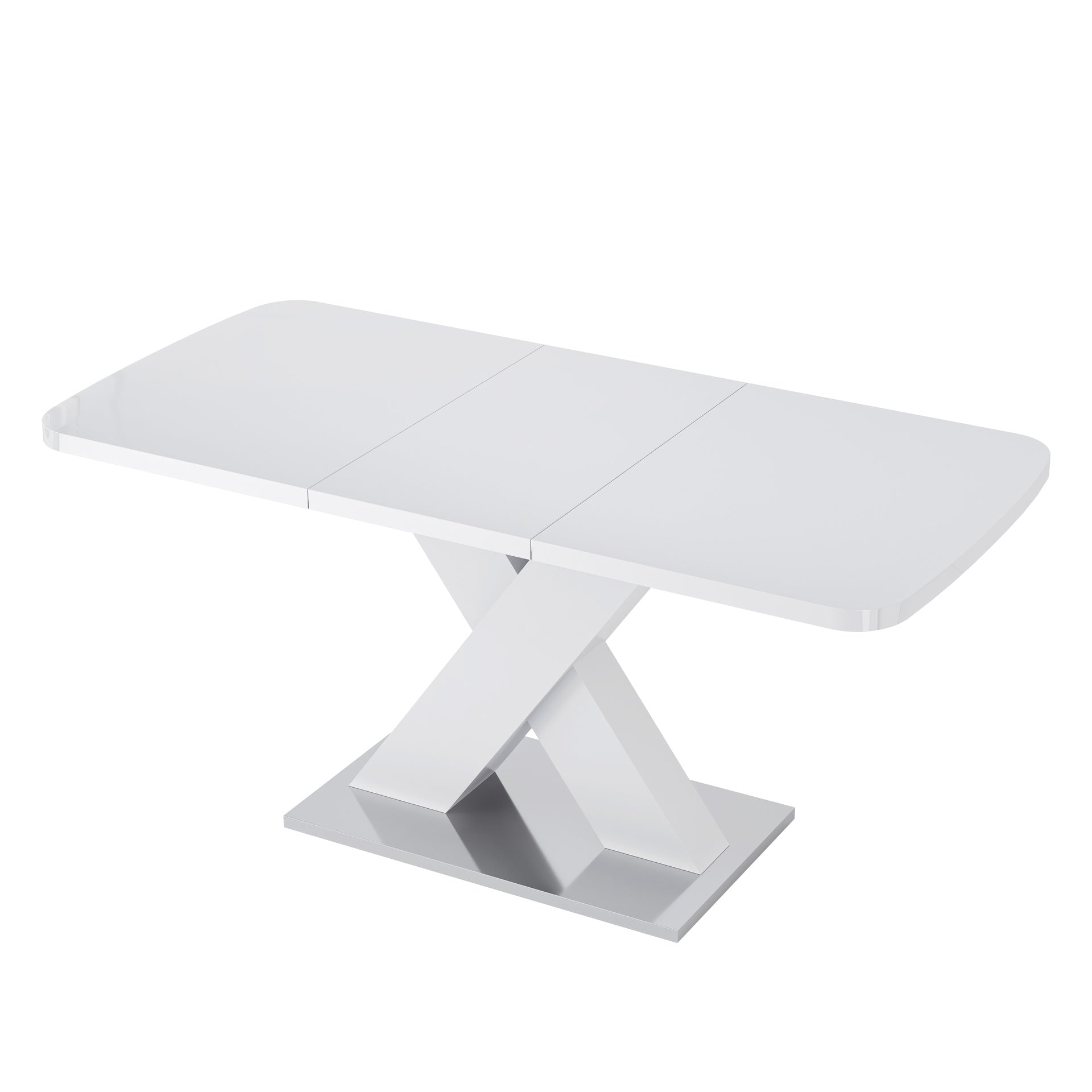 Modern Rectangle Dining Table, Stretchable, White Table Top+MDF X-Shape Table Leg with Metal Base