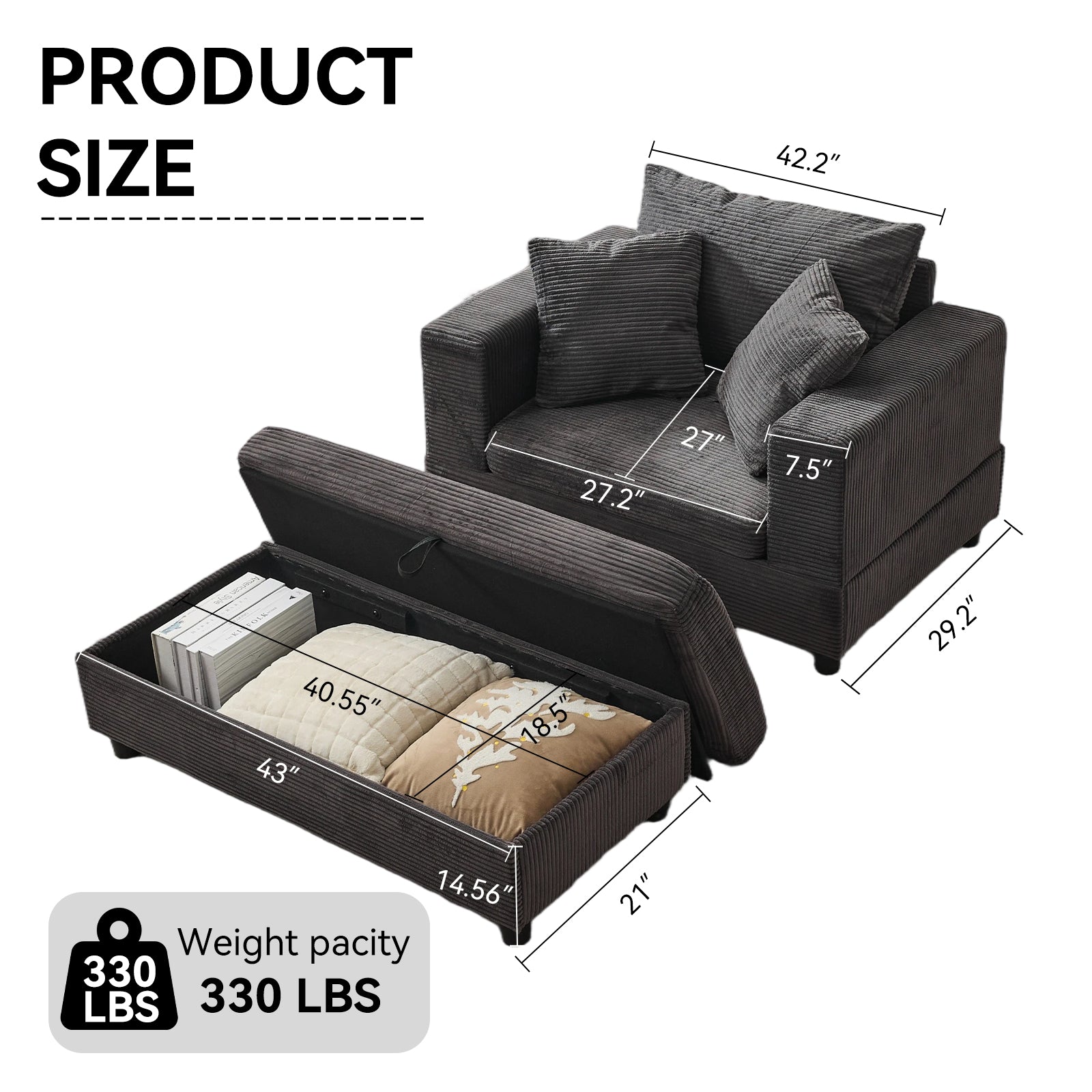 Chaise Lounge Chair with Removable Storage Ottoman Accent Sofa Bed Upholstered Sleeper Couch Bed with Pillows, Modern Deep Seat Upholstered Armchair for Living Room, Bedroom