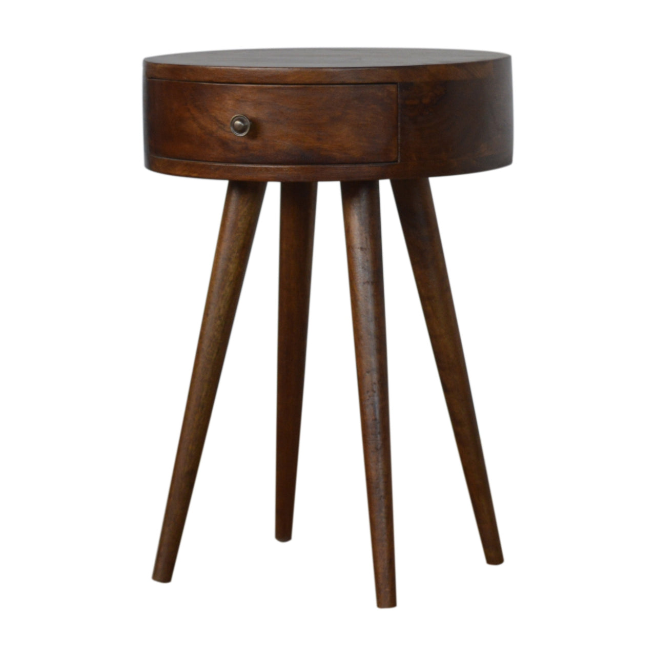 Nordic Chestnut Circular Nightstand, Nordic Legs, 1-Drawer