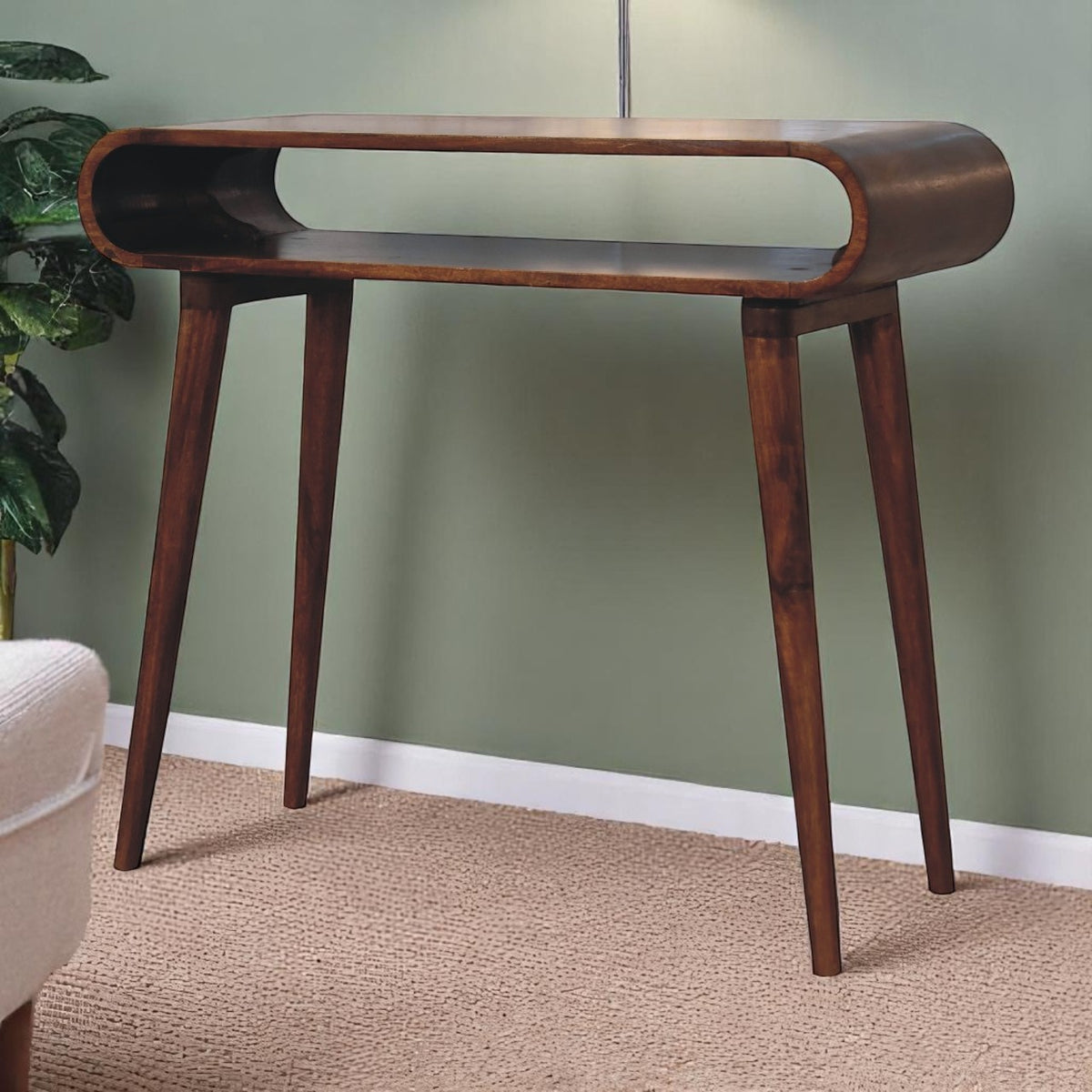 Solid Wood Amaya Nordic Style Console Table, Open Storage, Chestnut, Dark Brown