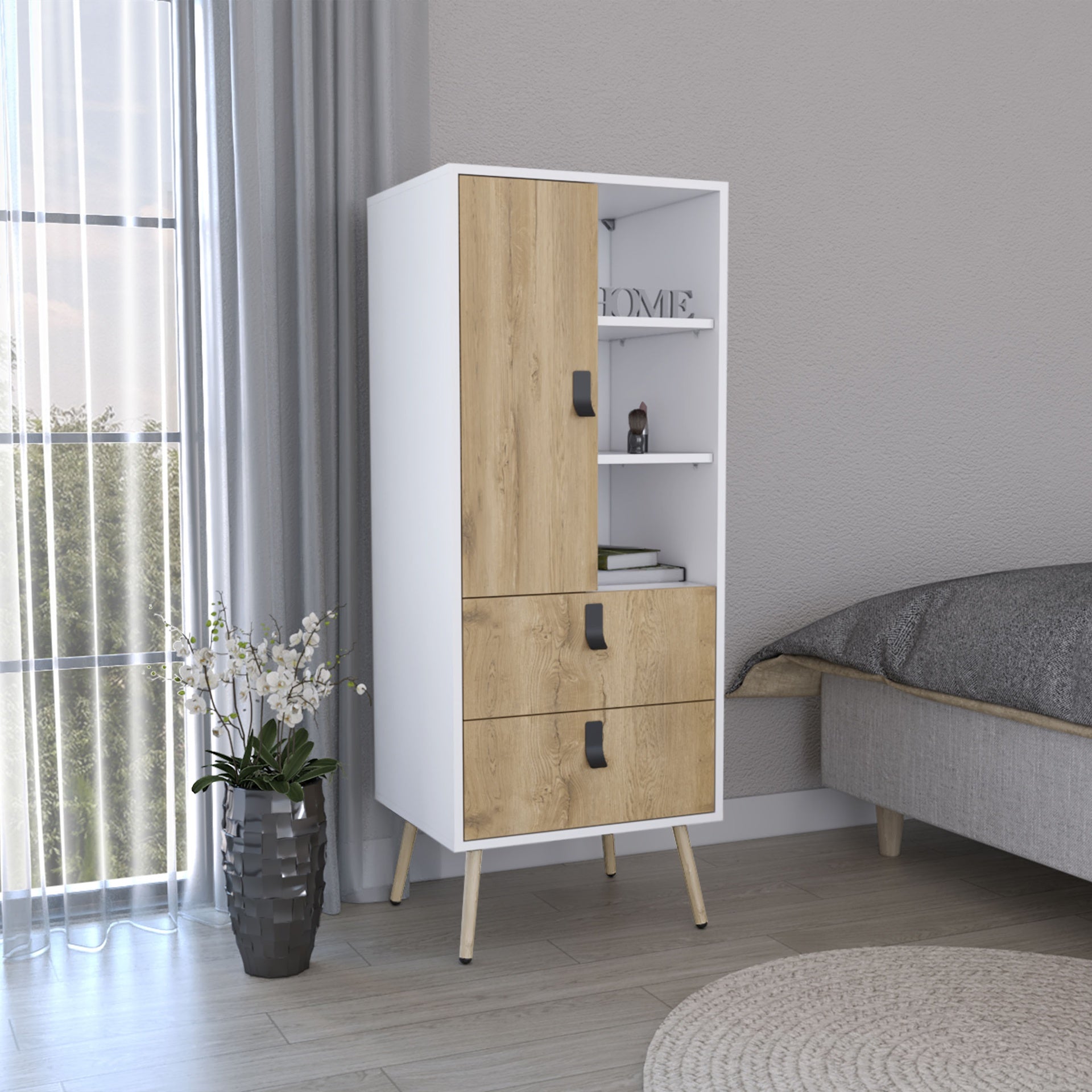 Huna Tall Dresser, Unit with Door, 2 Drawers, and Open Shelves