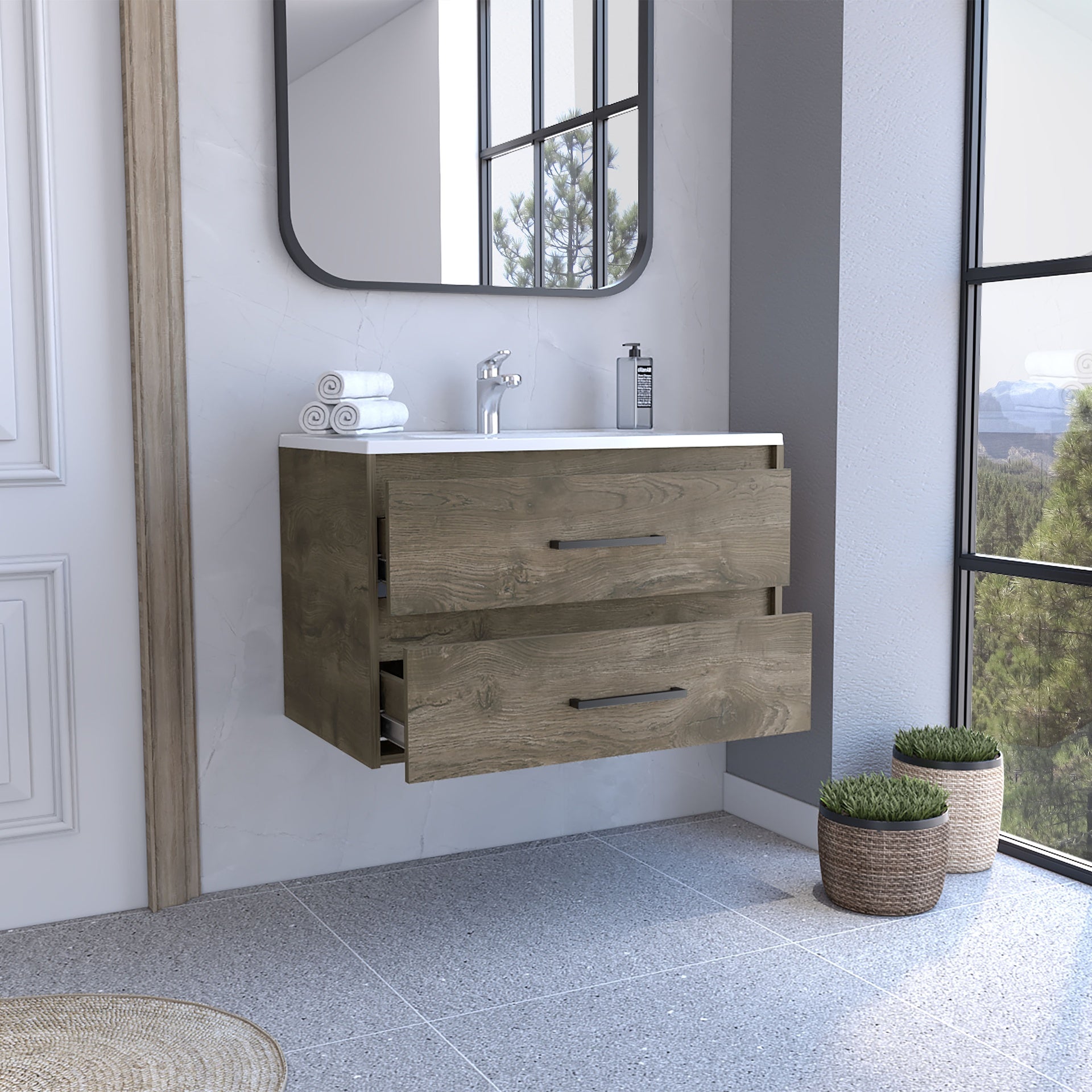 Praga Floating Vanity Sink with 2-Drawers  Dark Brown / White
