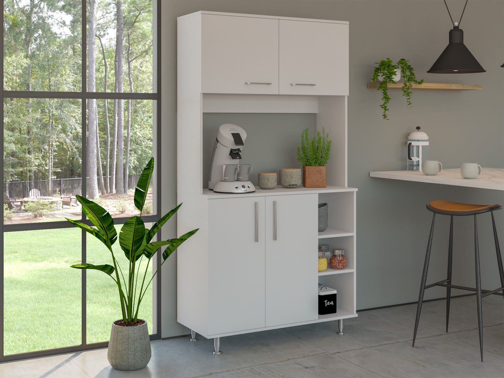 Kitchen Pantry Double Door Cabinet, Four Legs, Three Shelves, White
