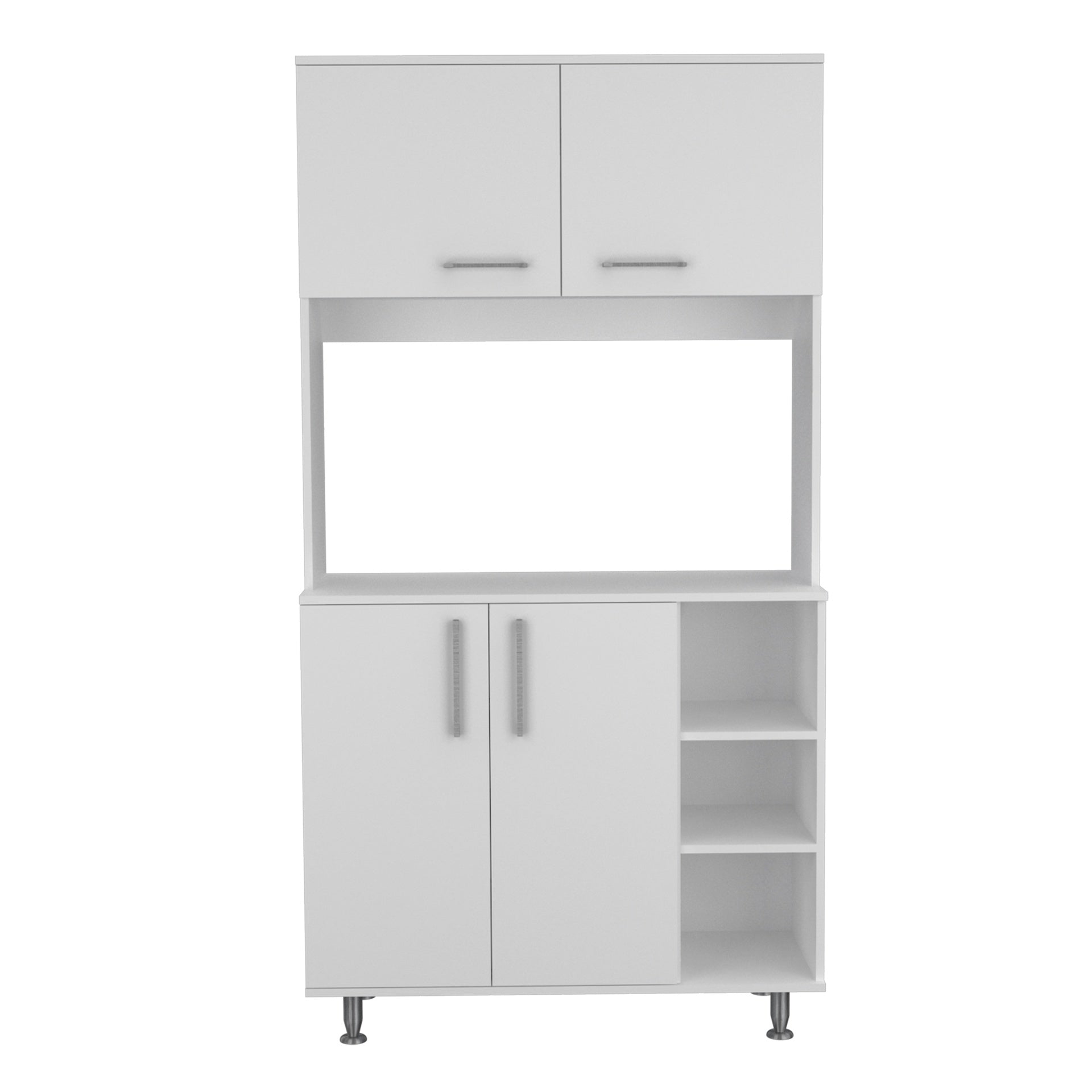 Kitchen Pantry Double Door Cabinet, Four Legs, Three Shelves, White