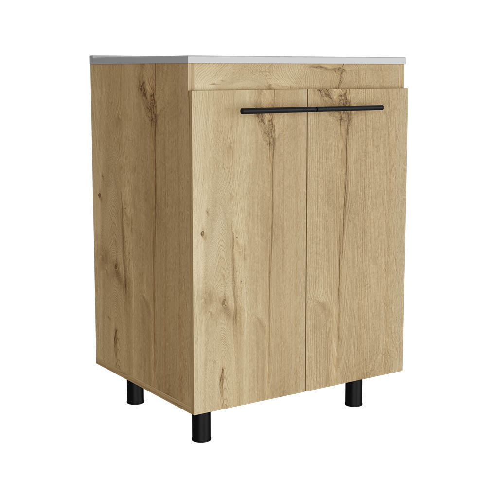 Free Standing Sink Cabinet, Four Legs, Double Door Cabinet, Two Shelves, Light Oak