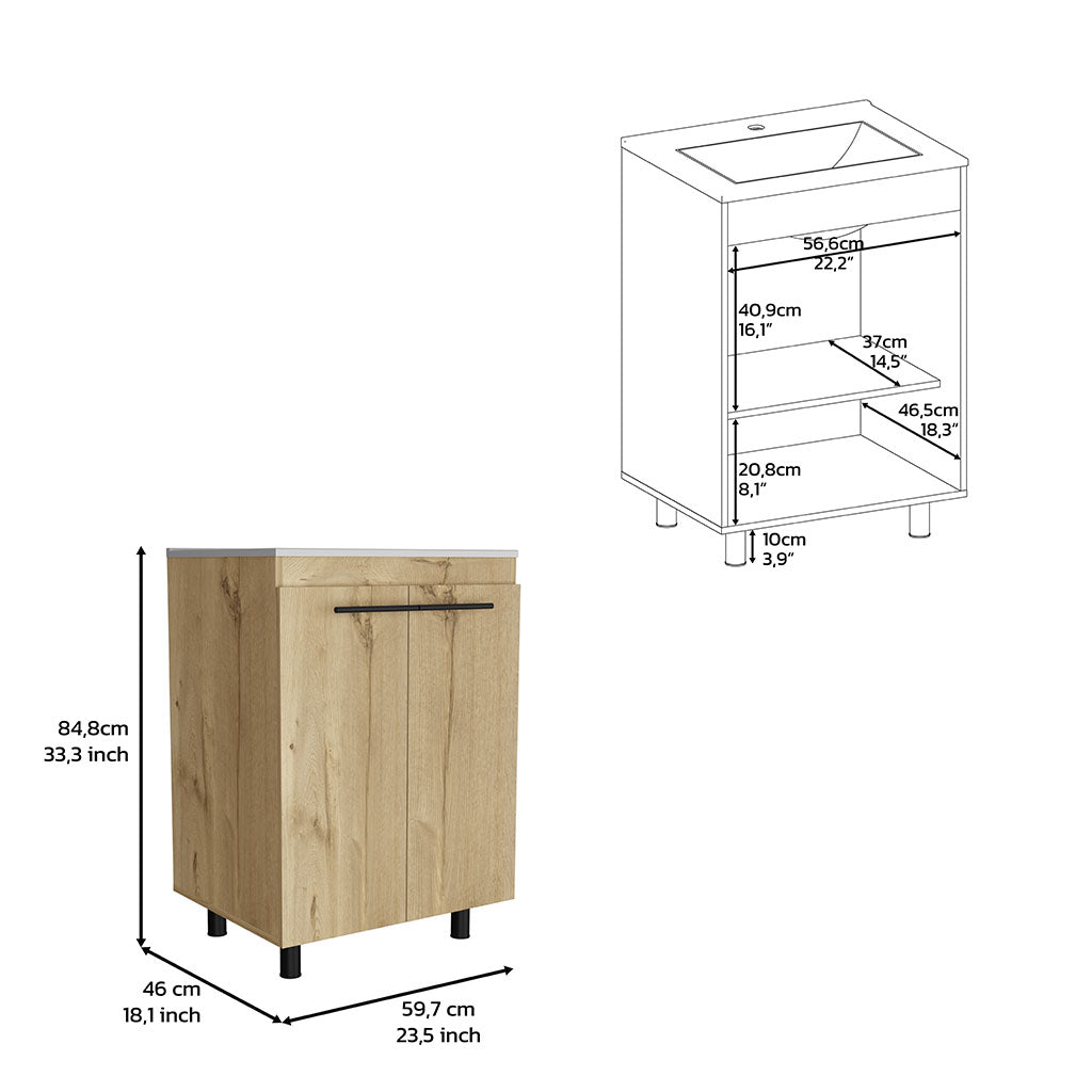 Free Standing Sink Cabinet, Four Legs, Double Door Cabinet, Two Shelves, Light Oak