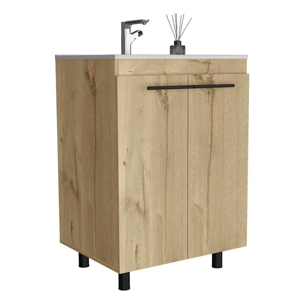 Free Standing Sink Cabinet, Four Legs, Double Door Cabinet, Two Shelves, Light Oak