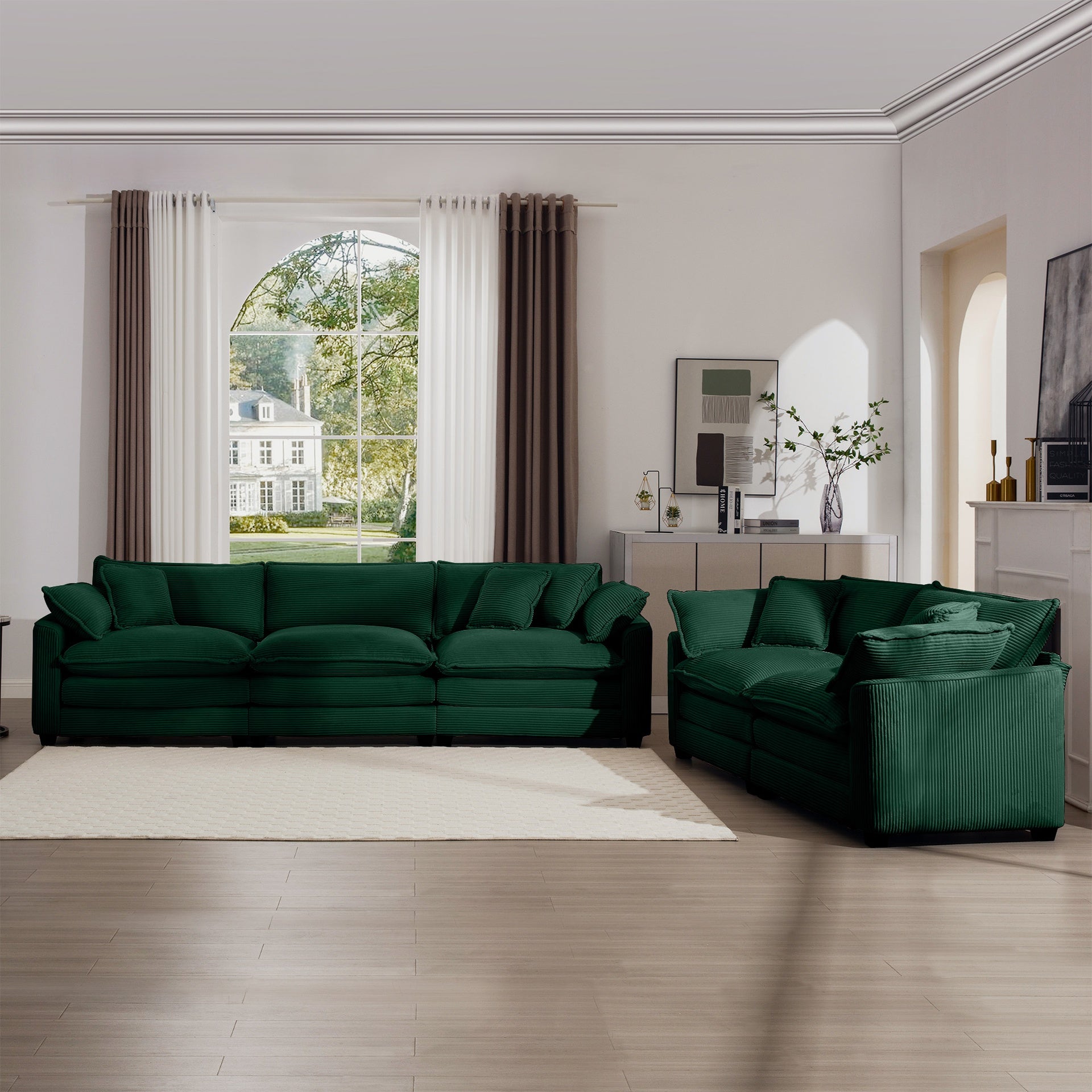 Modern Fabric Living Room Sofa Two Piece Set, Two 2-Seater Sofas with 8 Cushion Upholstery Large Deep Seat Recliner, Green Corduroy Fabric