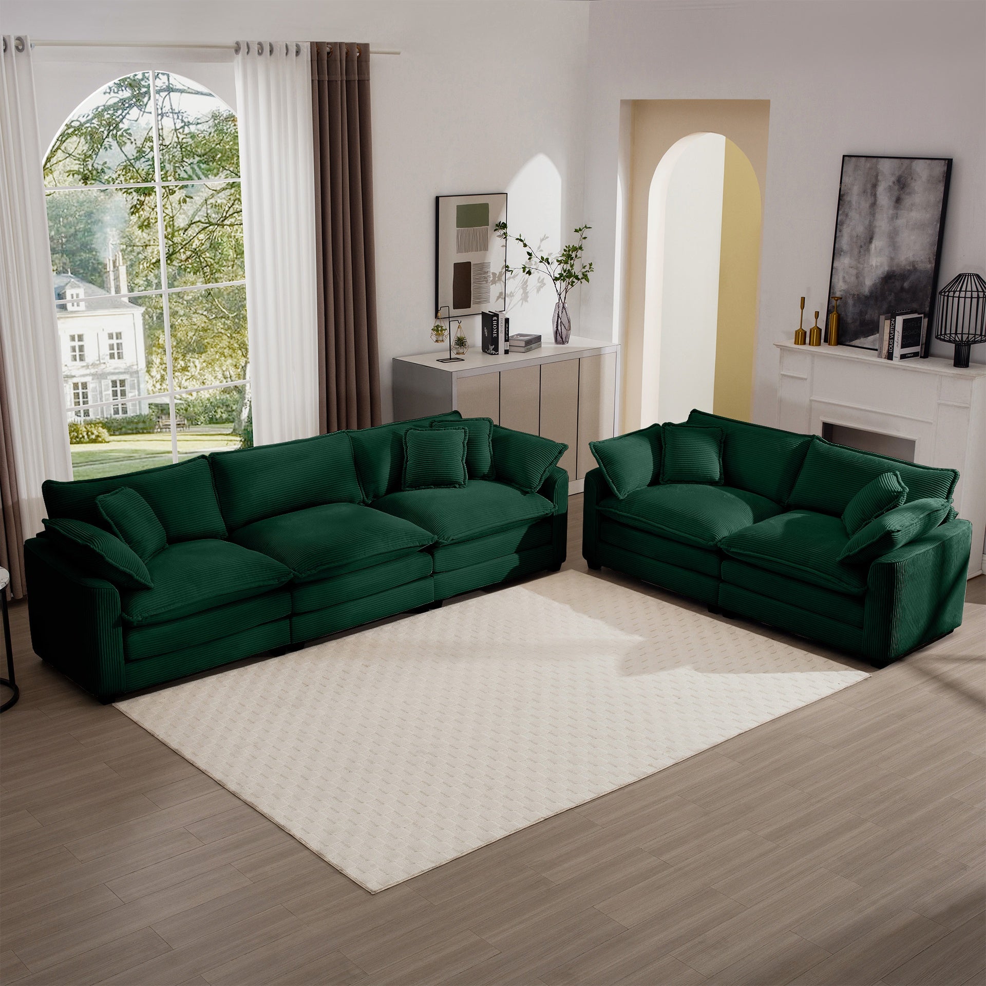 Modern Fabric Living Room Sofa Two Piece Set, Two 2-Seater Sofas with 8 Cushion Upholstery Large Deep Seat Recliner, Green Corduroy Fabric