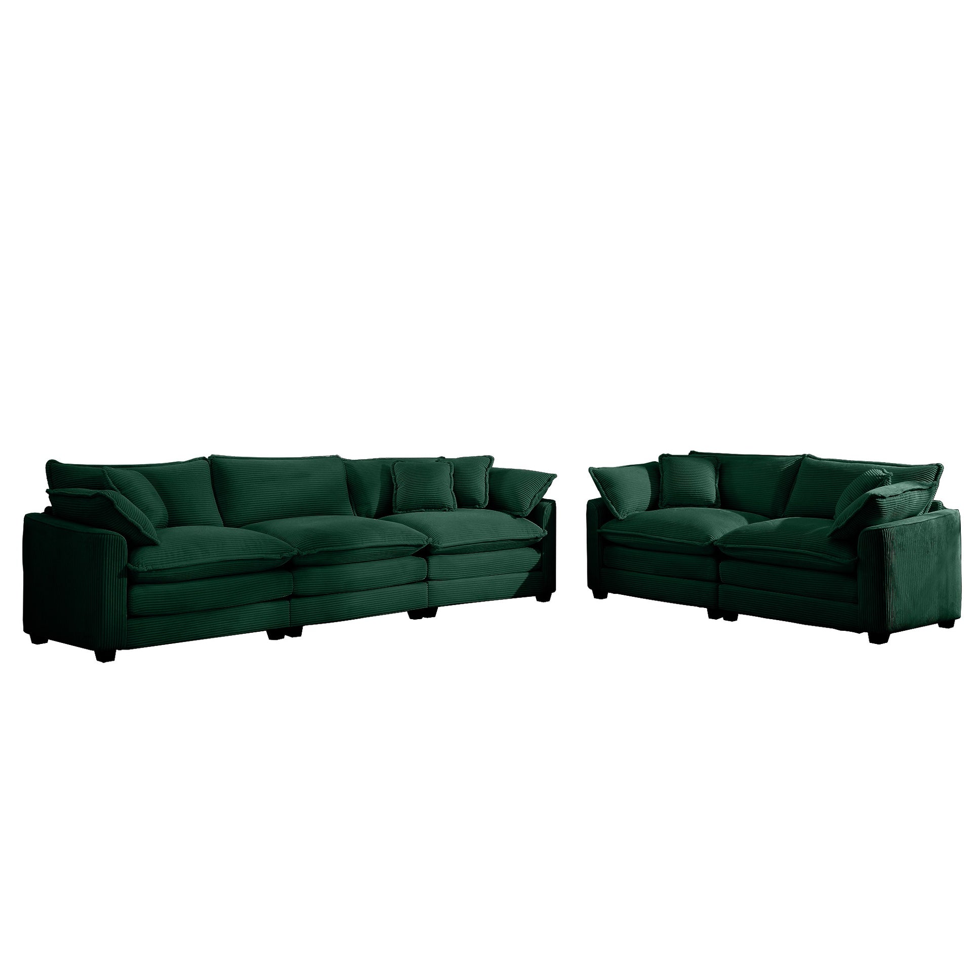 Modern Fabric Living Room Sofa Two Piece Set, Two 2-Seater Sofas with 8 Cushion Upholstery Large Deep Seat Recliner, Green Corduroy Fabric