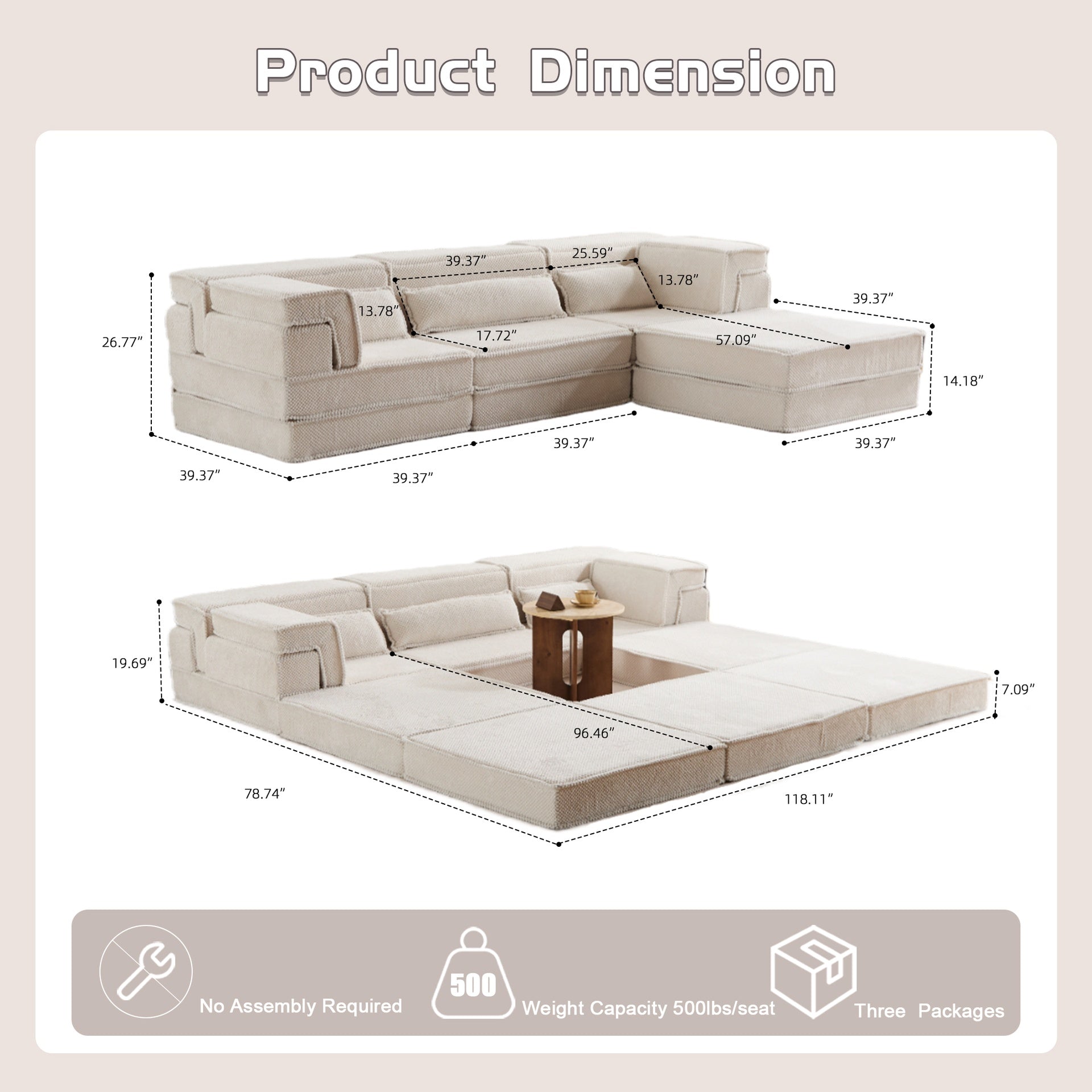 Compression Mahjong Sofa,Convertible Floor Sofa Bed,DIY Boneless Modular Sectional Sofa,No Assembly Required,Circle fleece fabric,Oversized 4 Seater with 3 Pillows,White