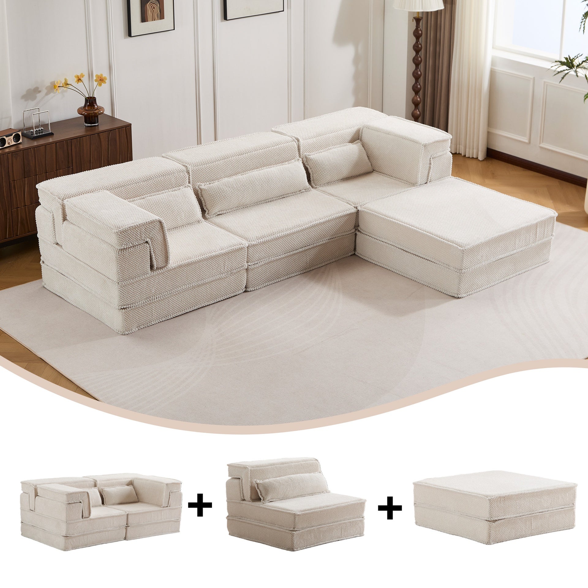 Compression Mahjong Sofa,Convertible Floor Sofa Bed,DIY Boneless Modular Sectional Sofa,No Assembly Required,Circle fleece fabric,Oversized 4 Seater with 3 Pillows,White