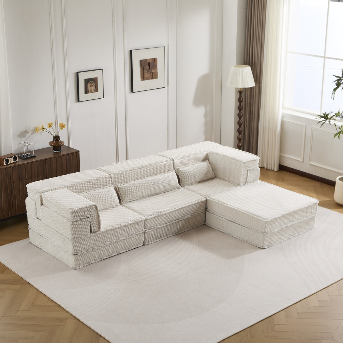 Compression Mahjong Sofa,Convertible Floor Sofa Bed,DIY Boneless Modular Sectional Sofa,No Assembly Required,Circle fleece fabric,Oversized 4 Seater with 3 Pillows,White